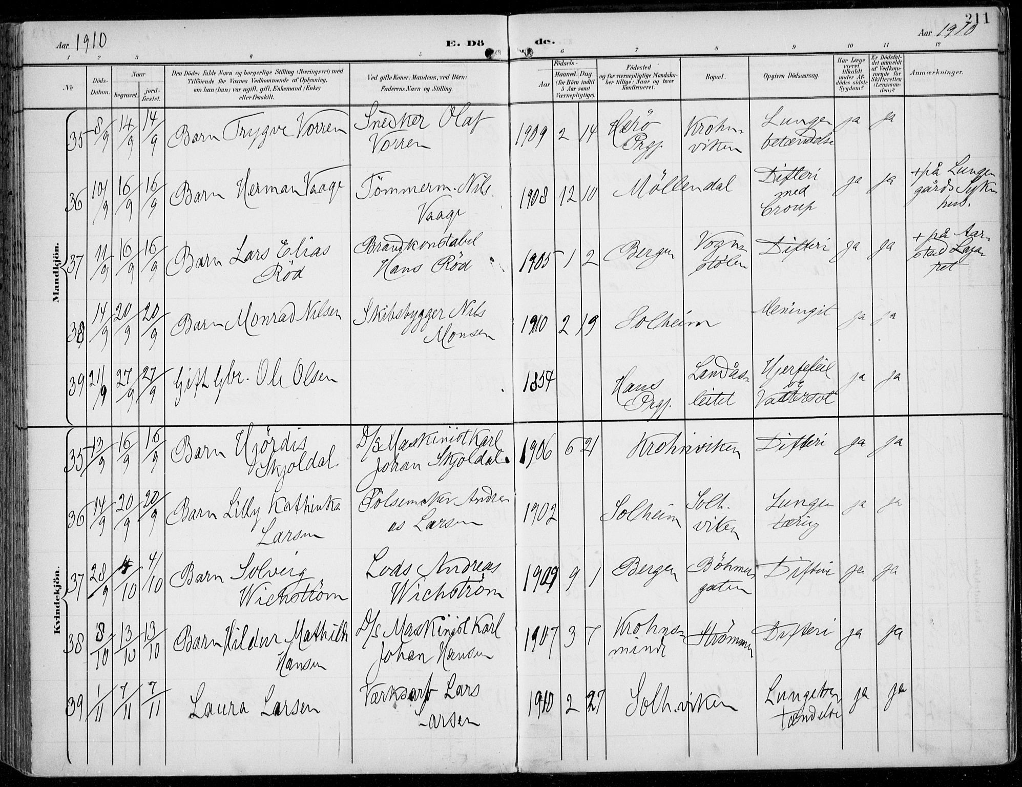 Årstad Sokneprestembete, AV/SAB-A-79301/H/Haa/L0009: Parish register (official) no. C 1, 1902-1918, p. 211