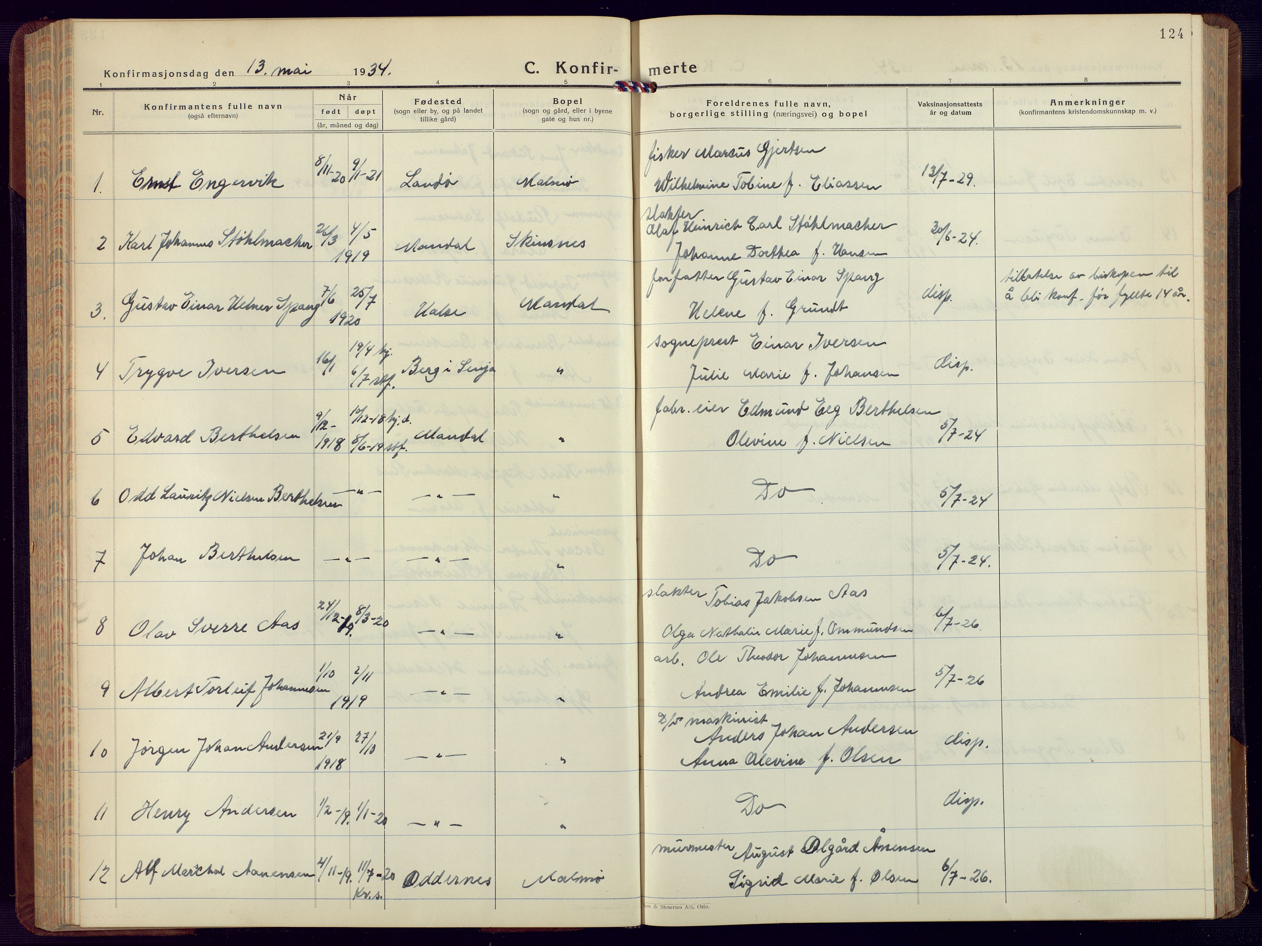 Mandal sokneprestkontor, AV/SAK-1111-0030/F/Fb/Fbc/L0002: Parish register (copy) no. B 2, 1931-1949, p. 124