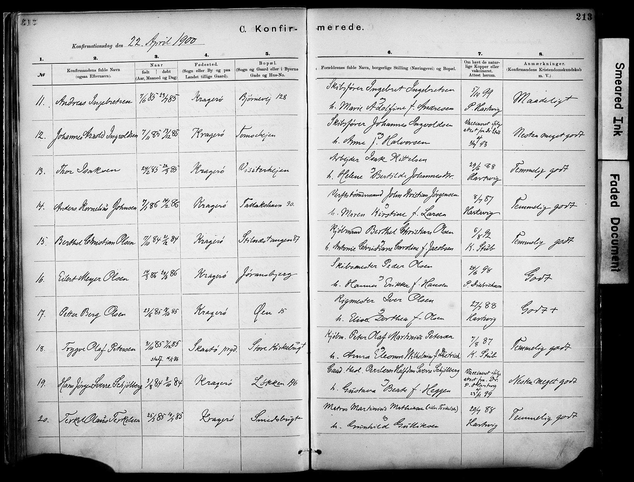 Kragerø kirkebøker, SAKO/A-278/F/Fa/L0012: Parish register (official) no. 12, 1880-1904, p. 213