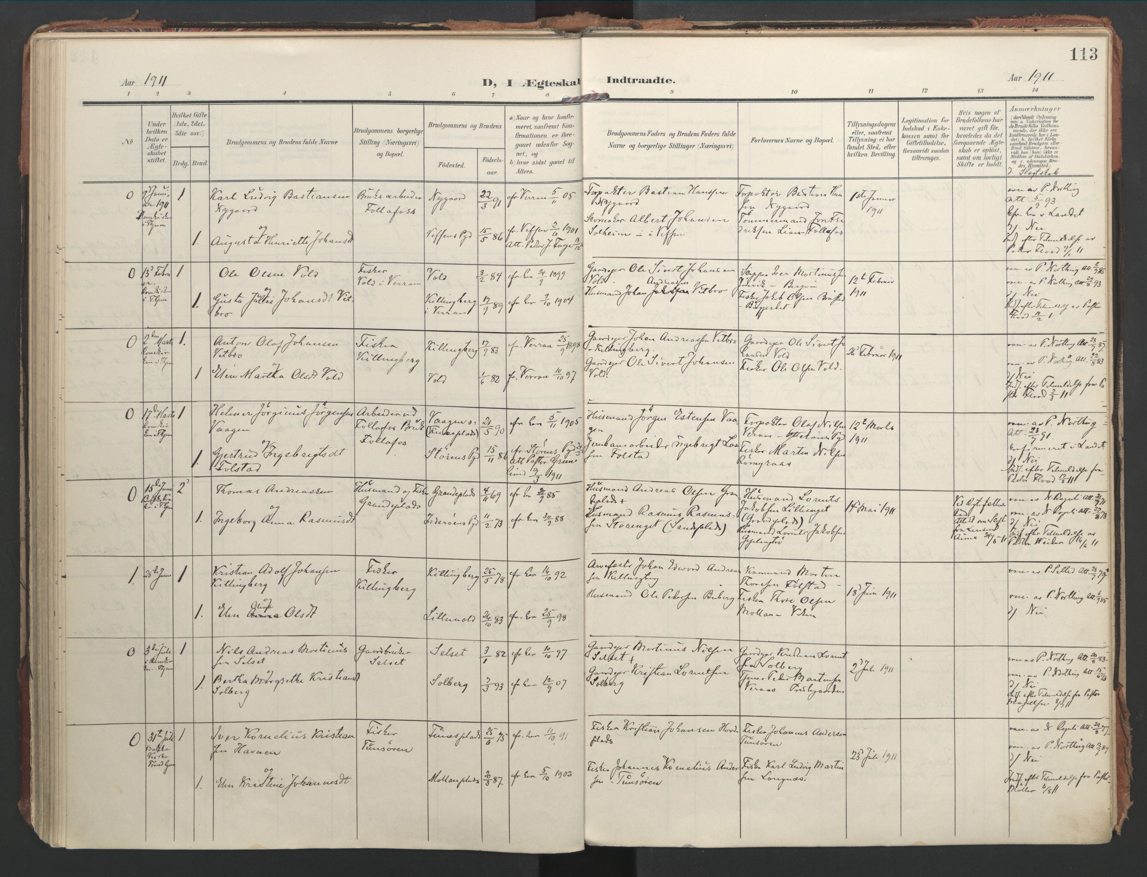 Ministerialprotokoller, klokkerbøker og fødselsregistre - Nord-Trøndelag, SAT/A-1458/744/L0421: Parish register (official) no. 744A05, 1905-1930, p. 113
