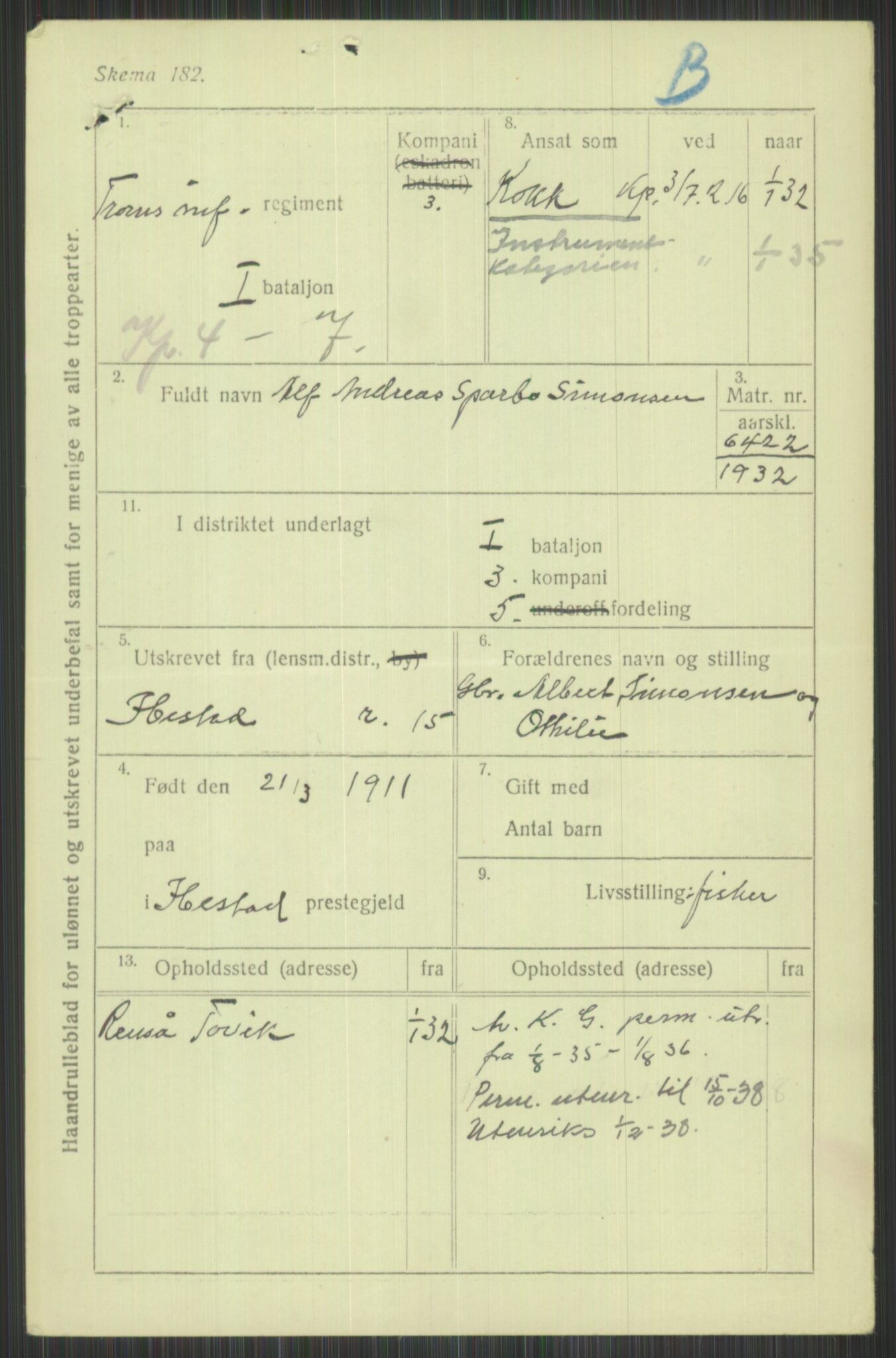 Forsvaret, Troms infanteriregiment nr. 16, AV/RA-RAFA-3146/P/Pa/L0016: Rulleblad for regimentets menige mannskaper, årsklasse 1932, 1932, p. 1413