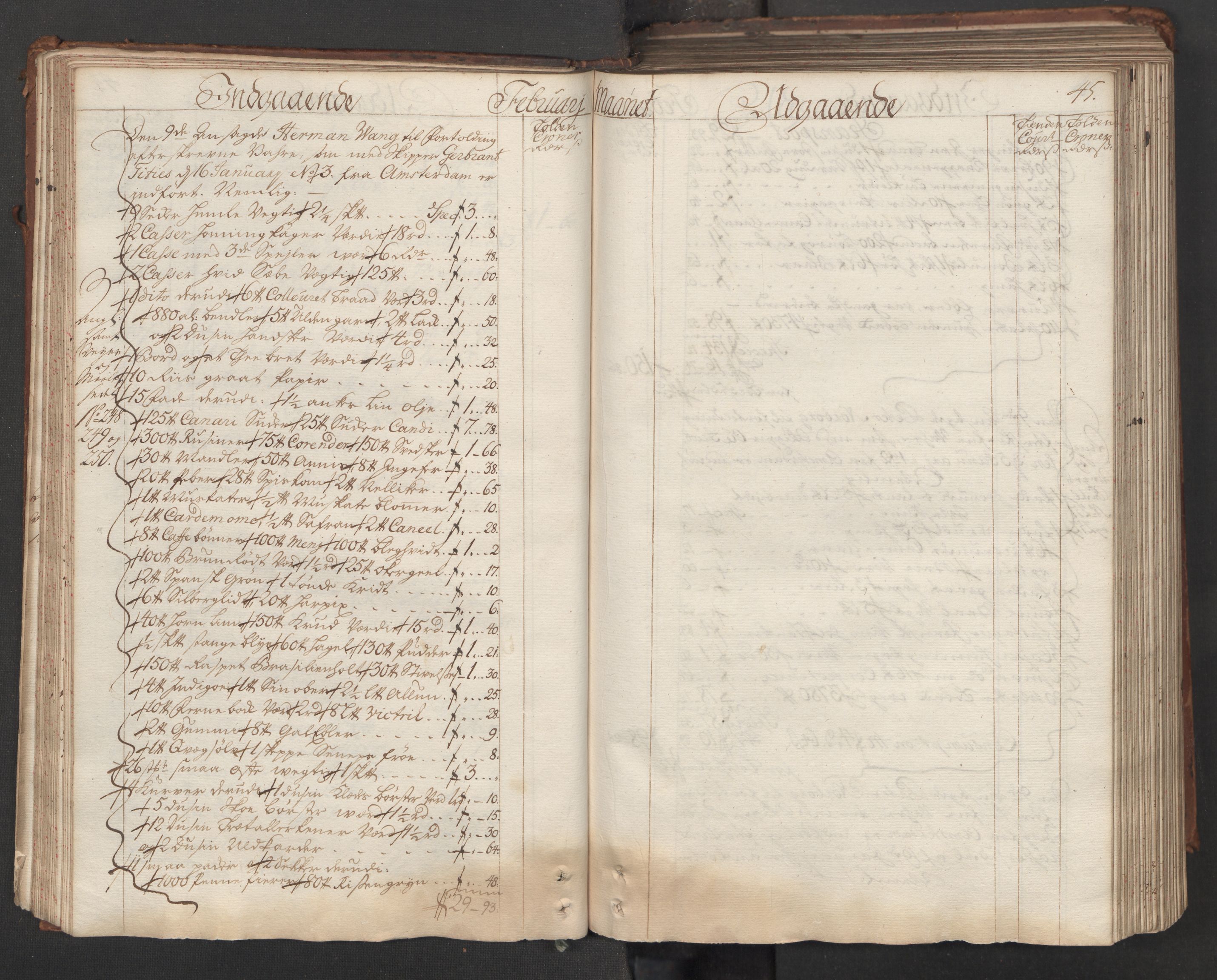 Generaltollkammeret, tollregnskaper, AV/RA-EA-5490/R06/L0015/0001: Tollregnskaper Kristiania / Hovedtollbok, 1733, p. 44b-45a