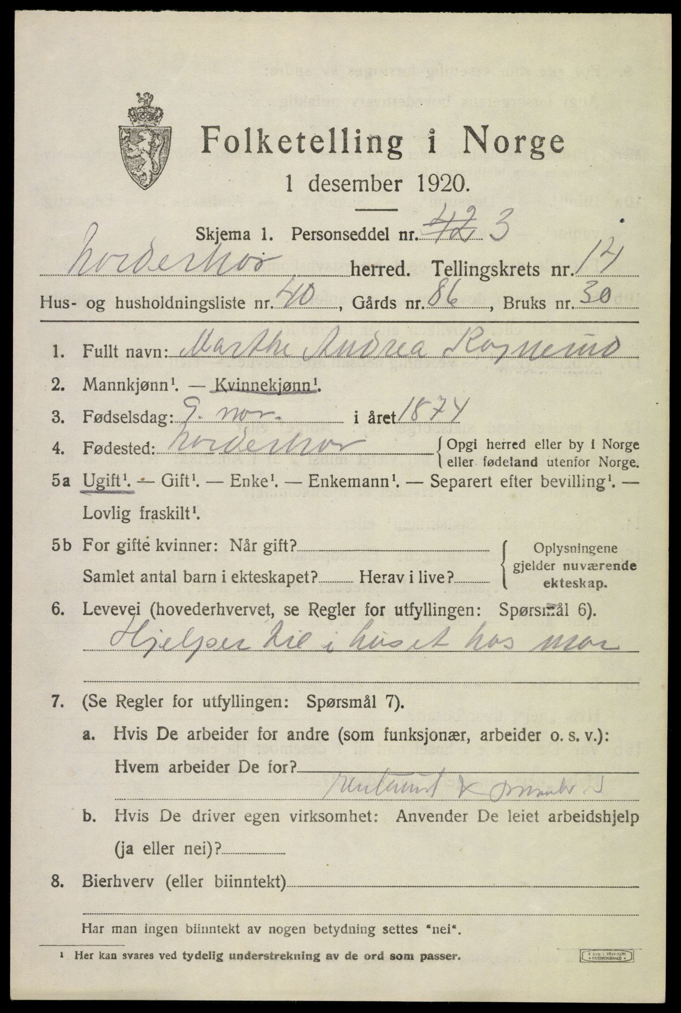 SAKO, 1920 census for Norderhov, 1920, p. 15416