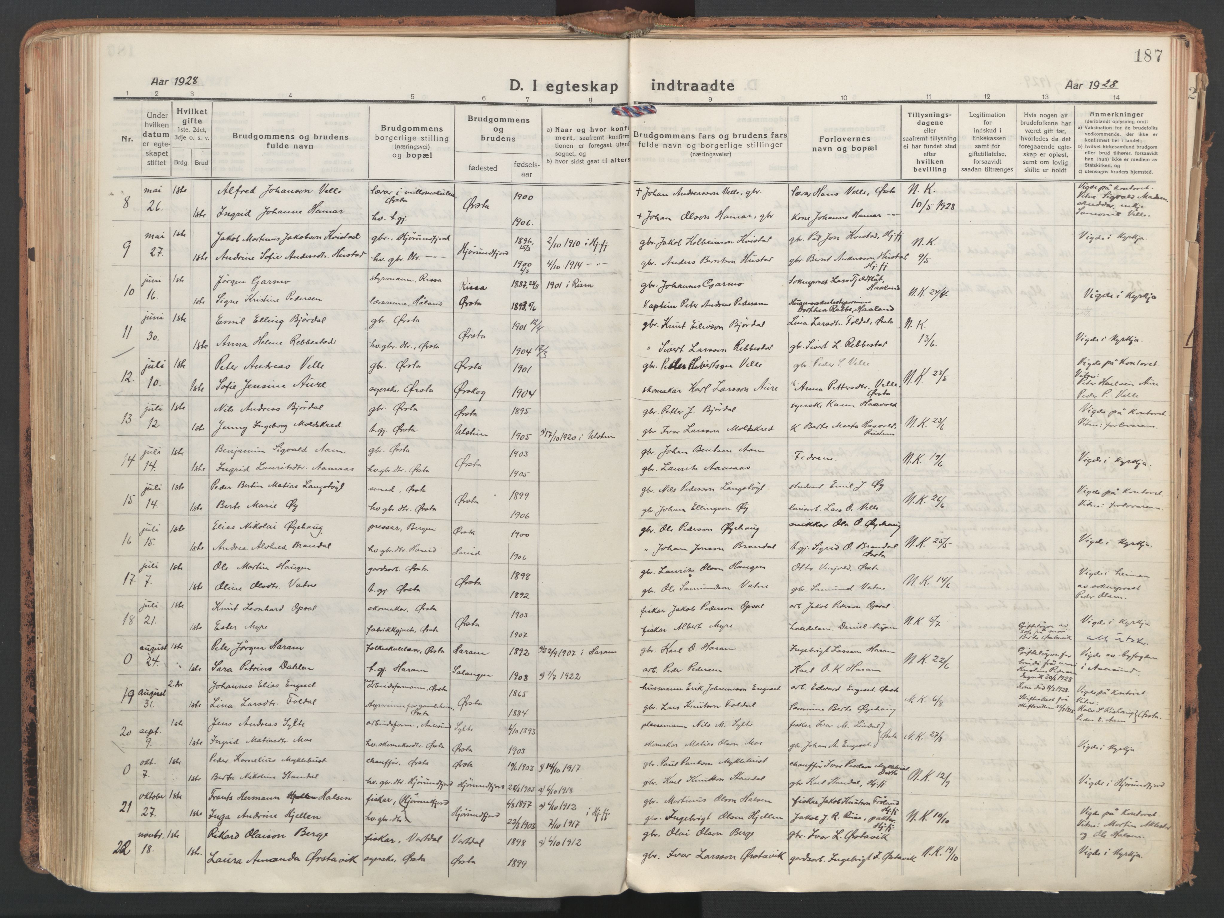 Ministerialprotokoller, klokkerbøker og fødselsregistre - Møre og Romsdal, AV/SAT-A-1454/513/L0180: Parish register (official) no. 513A07, 1919-1929, p. 187