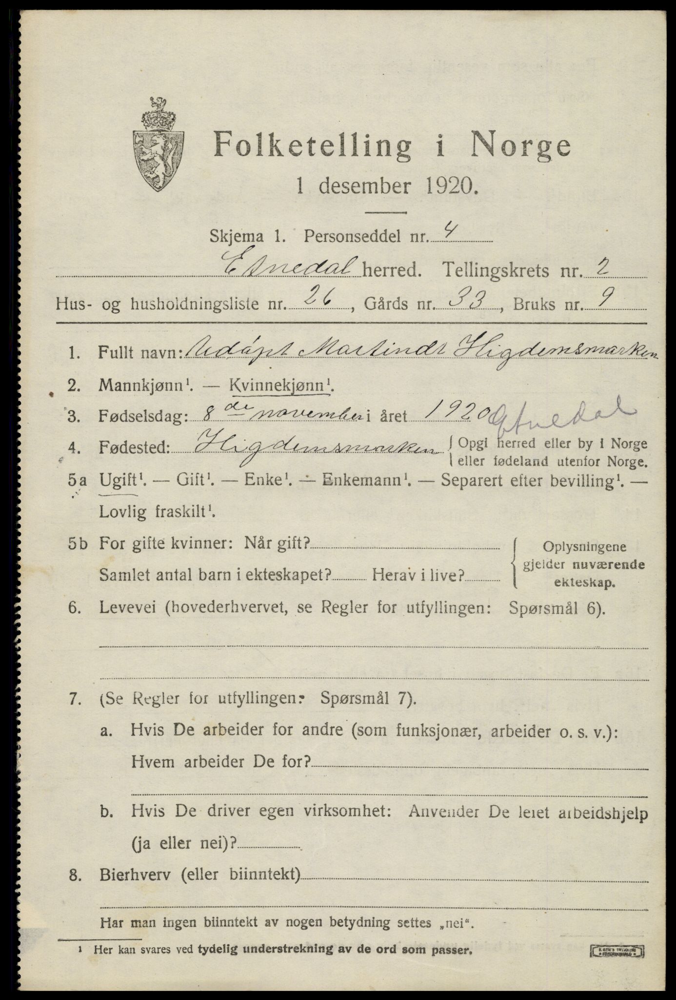 SAH, 1920 census for Etnedal, 1920, p. 1316