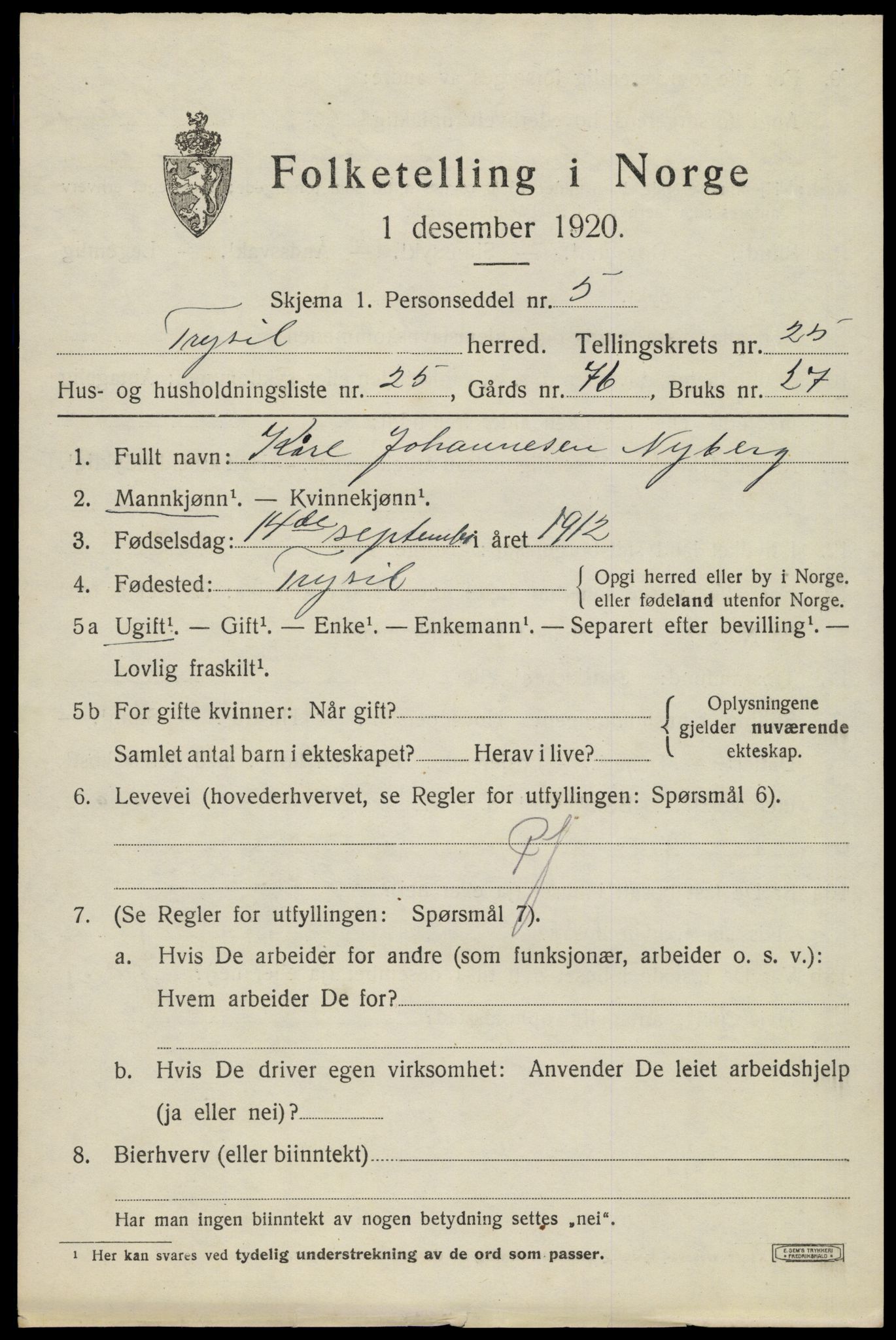 SAH, 1920 census for Trysil, 1920, p. 15985