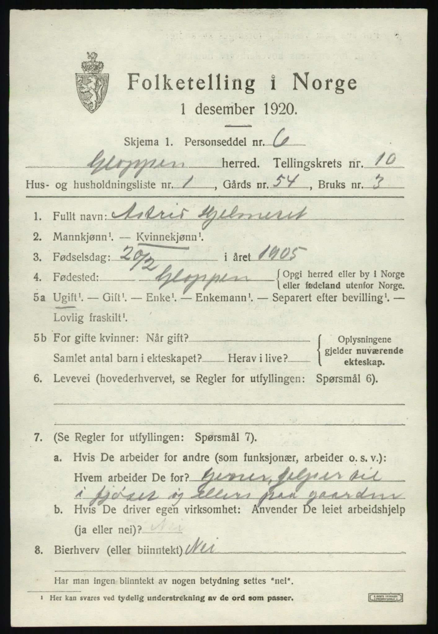 SAB, 1920 census for Gloppen, 1920, p. 5218