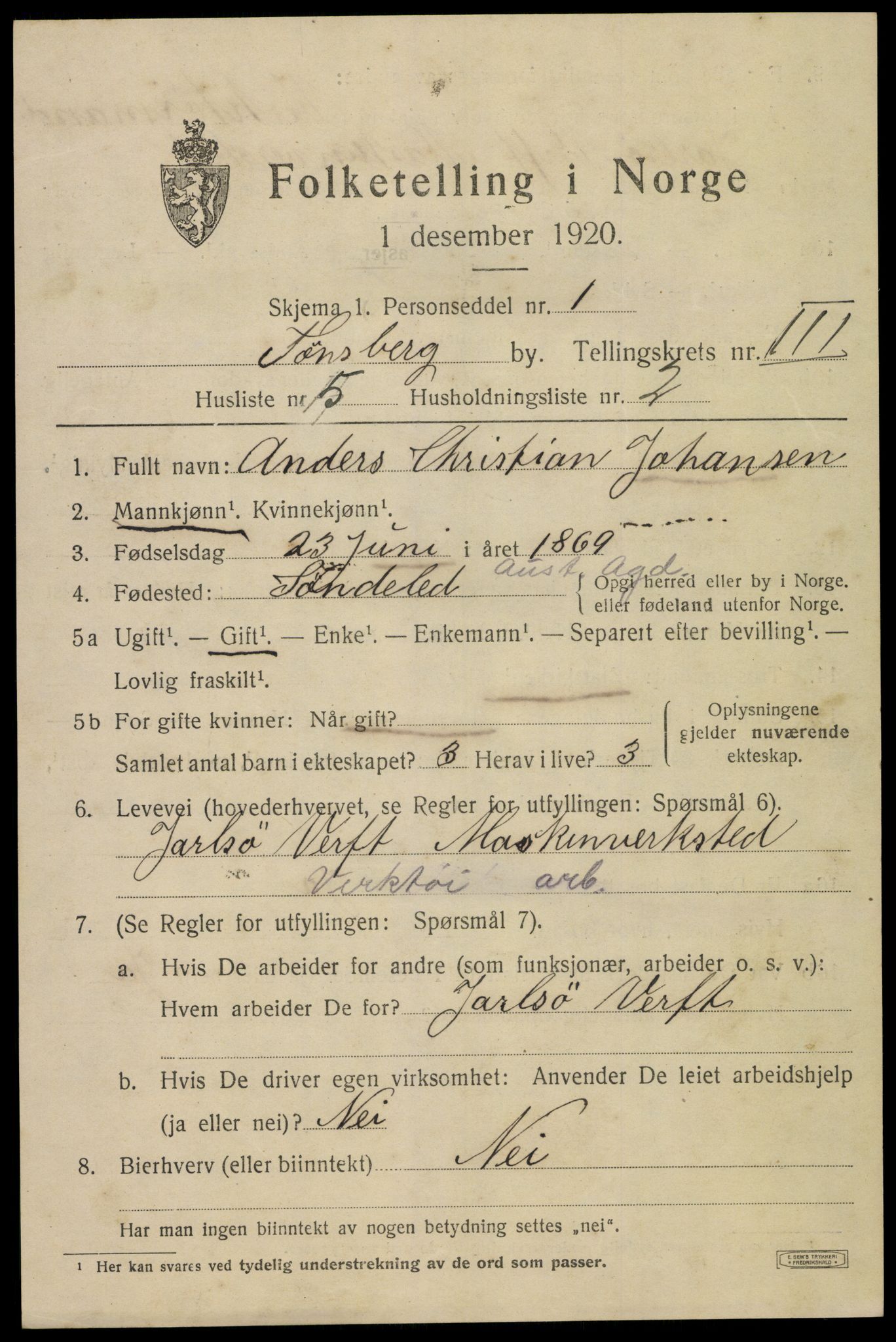 SAKO, 1920 census for Tønsberg, 1920, p. 11045