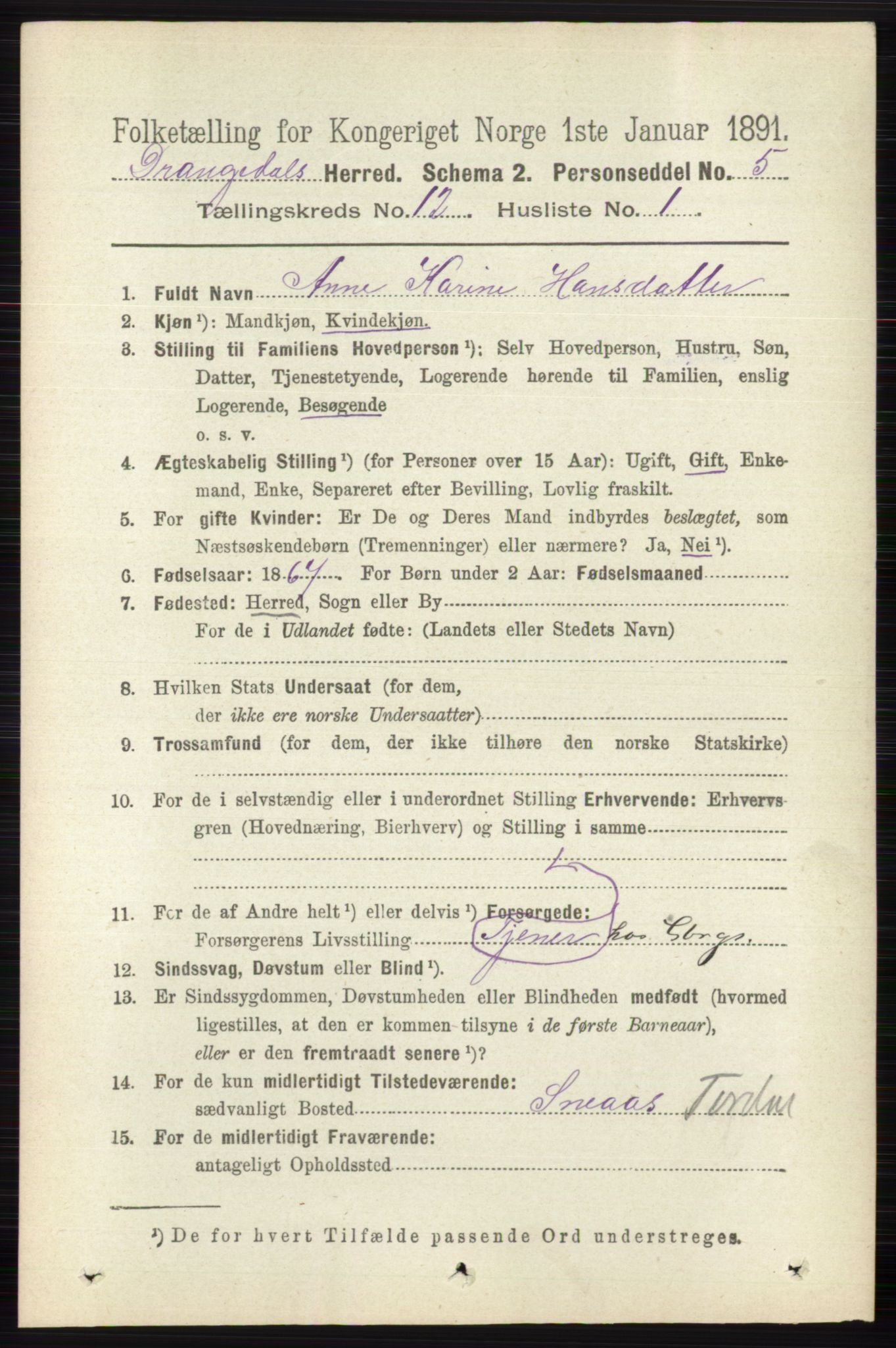 RA, 1891 census for 0817 Drangedal, 1891, p. 4365