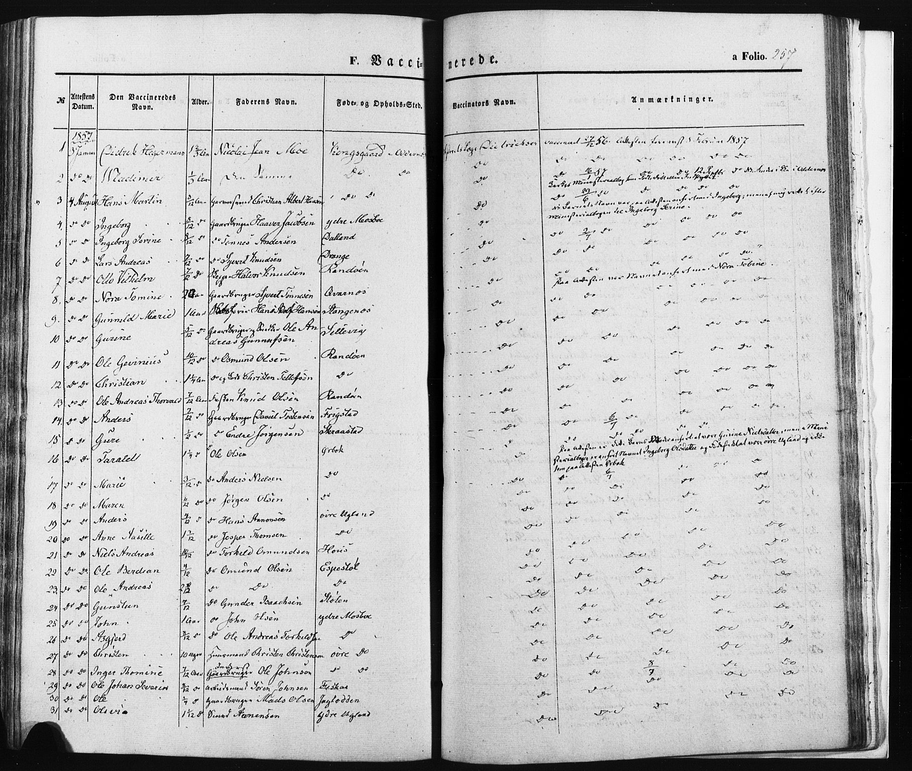 Oddernes sokneprestkontor, SAK/1111-0033/F/Fa/Faa/L0007: Parish register (official) no. A 7, 1851-1863, p. 257