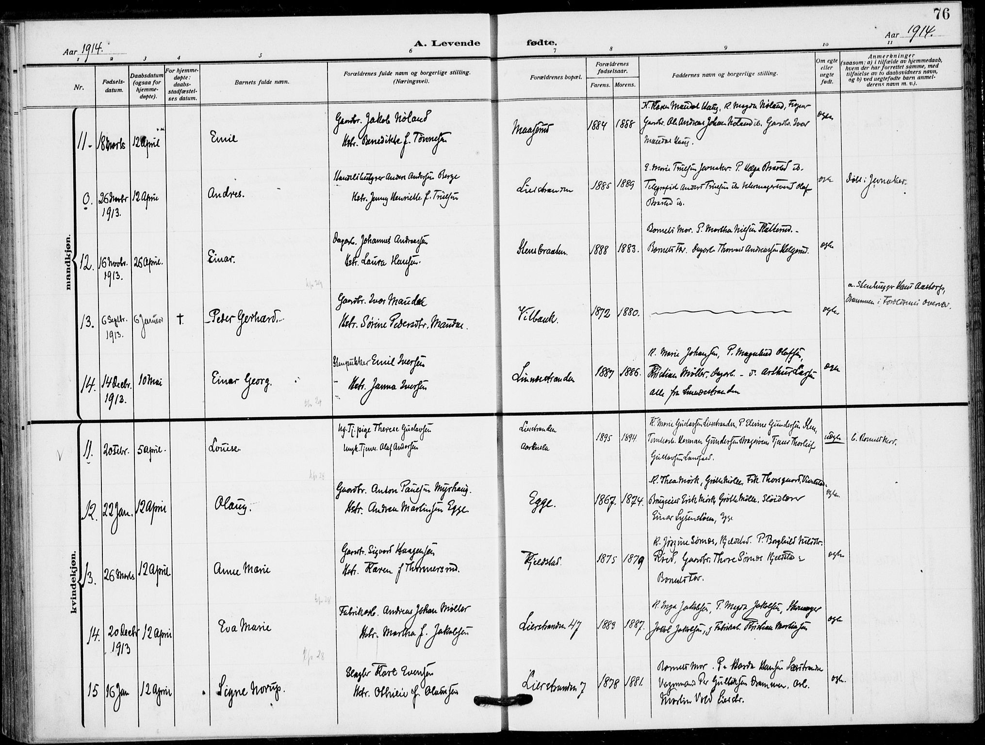 Lier kirkebøker, AV/SAKO-A-230/F/Fa/L0018: Parish register (official) no. I 18, 1909-1917, p. 76