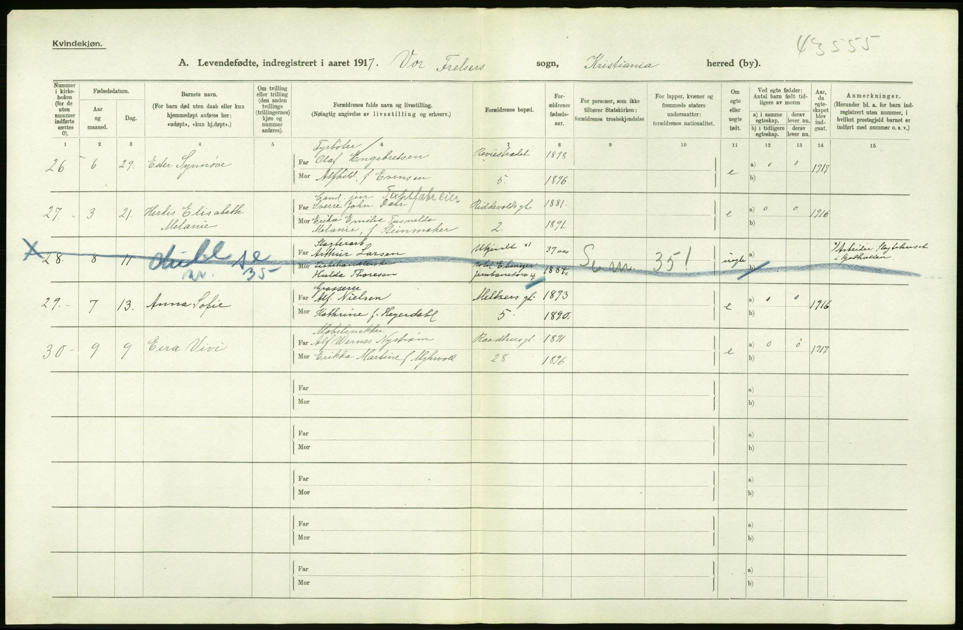 Statistisk sentralbyrå, Sosiodemografiske emner, Befolkning, RA/S-2228/D/Df/Dfb/Dfbg/L0007: Kristiania: Levendefødte menn og kvinner., 1917, p. 40