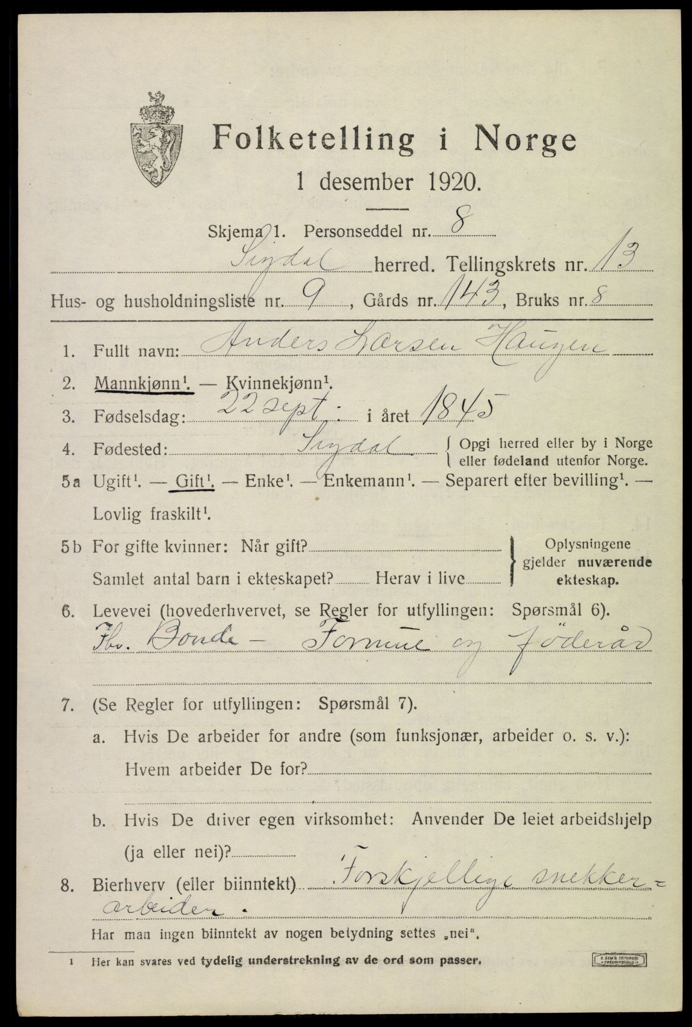 SAKO, 1920 census for Sigdal, 1920, p. 8162