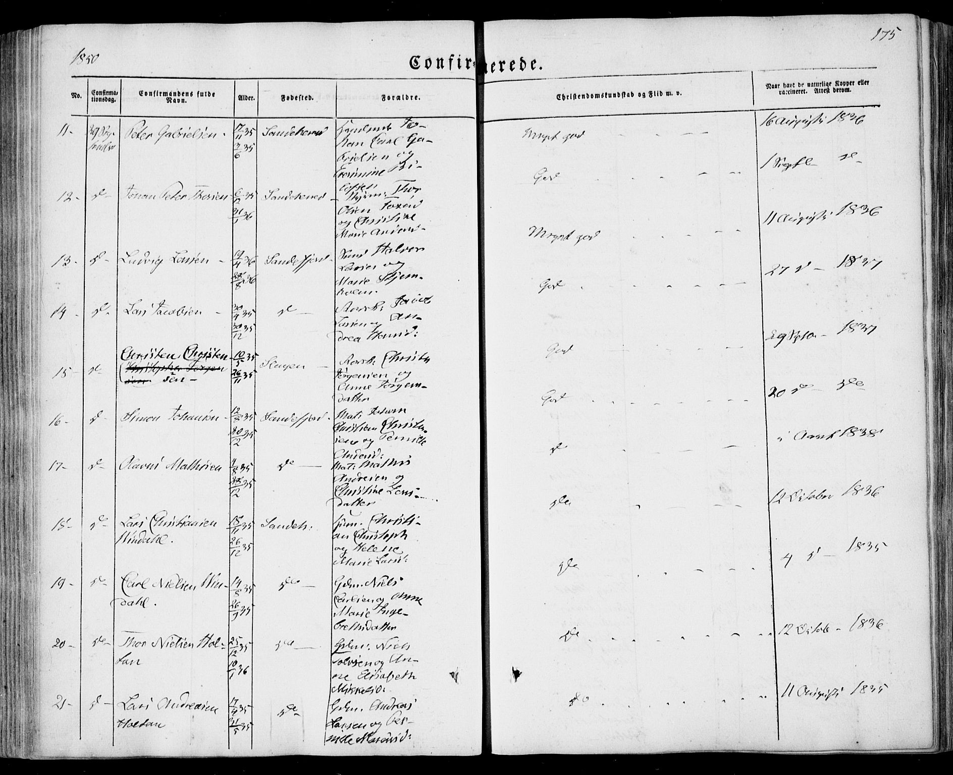 Sandar kirkebøker, SAKO/A-243/F/Fa/L0006: Parish register (official) no. 6, 1847-1860, p. 175