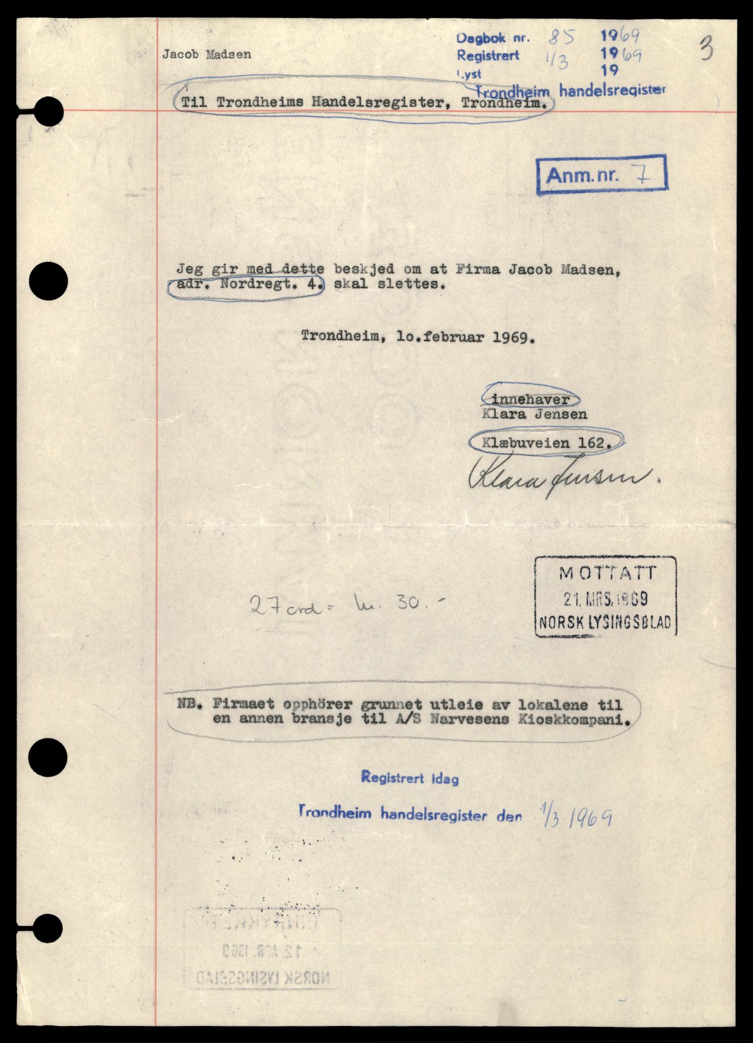 Trondheim byfogd, AV/SAT-A-0003/2/J/Jd/Jdb/L0048: Enkeltmannsforetak, M-Ni, 1965-1982, p. 1