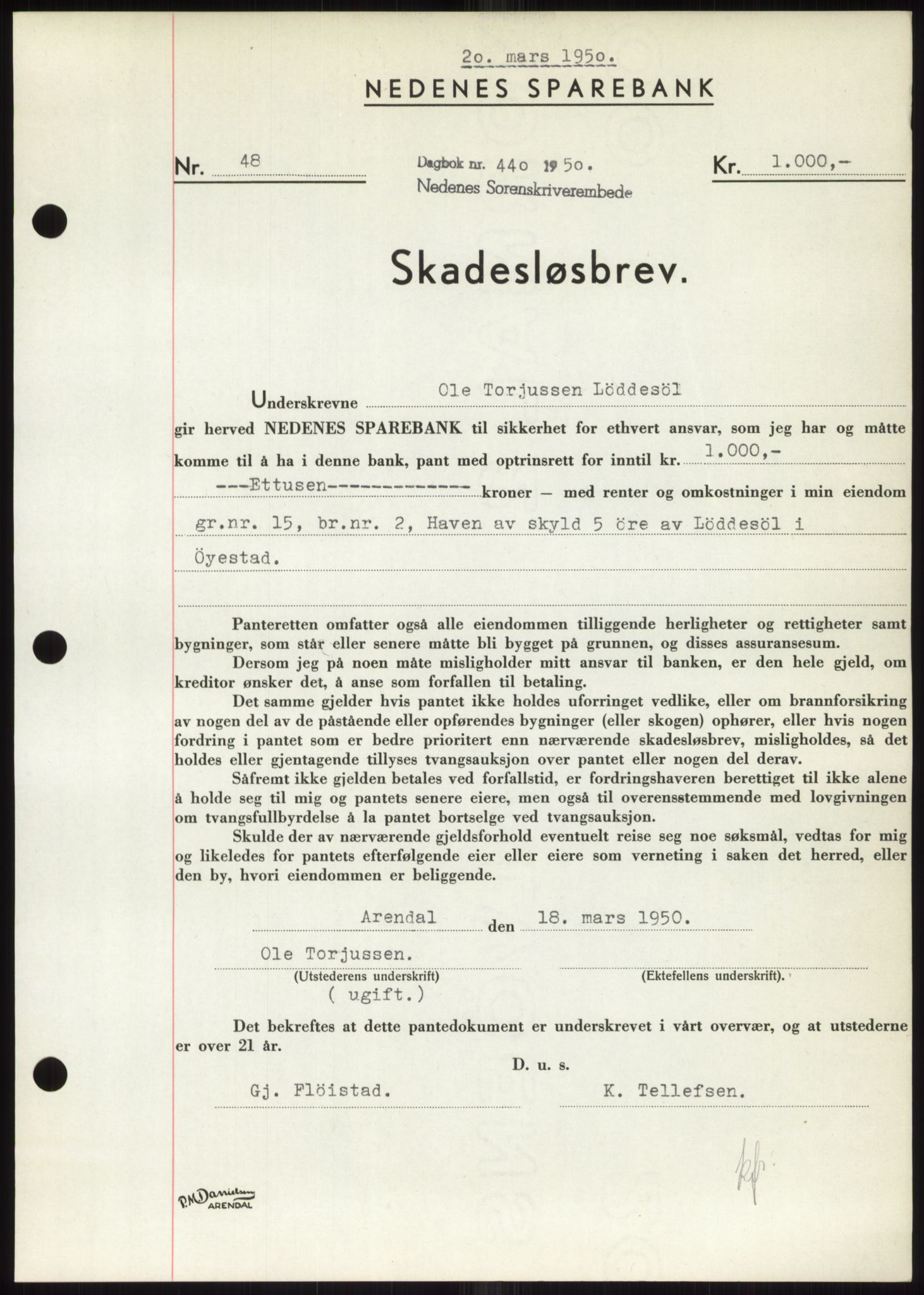 Nedenes sorenskriveri, AV/SAK-1221-0006/G/Gb/Gbb/L0007: Mortgage book no. B7, 1949-1950, Diary no: : 440/1950