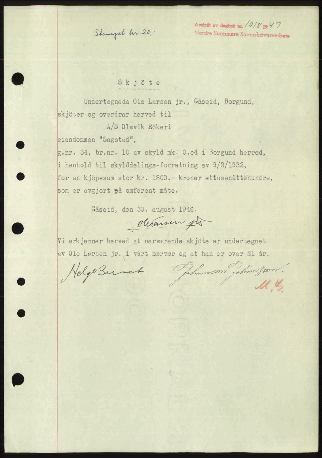 Nordre Sunnmøre sorenskriveri, AV/SAT-A-0006/1/2/2C/2Ca: Mortgage book no. A24, 1947-1947, Diary no: : 1018/1947