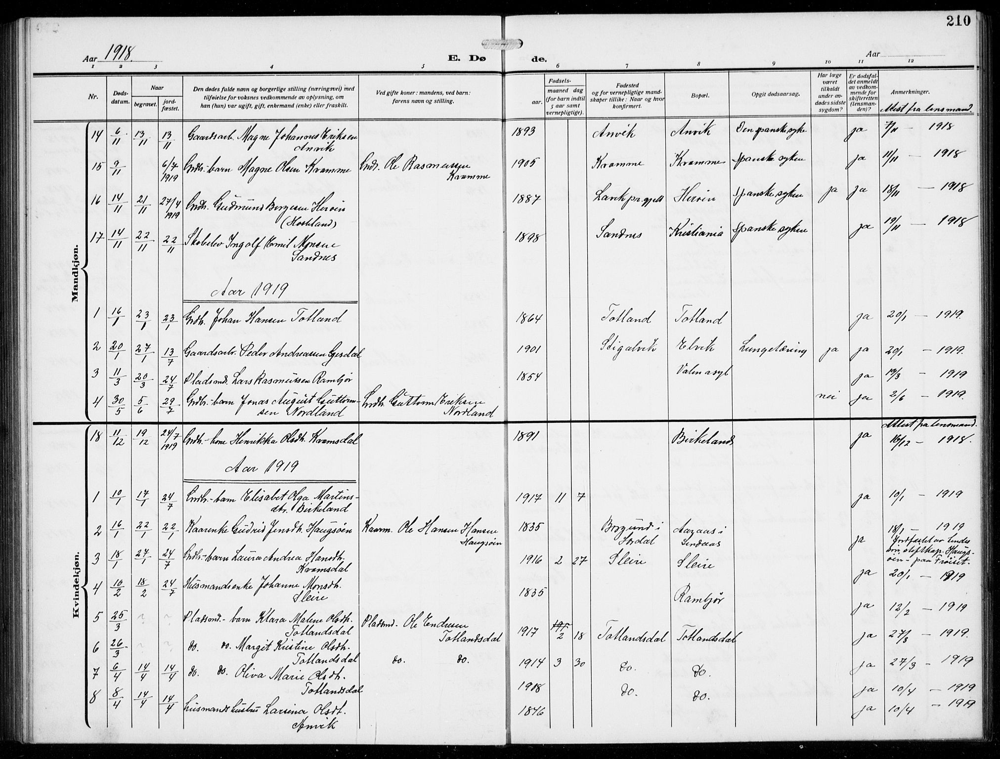 Masfjorden Sokneprestembete, SAB/A-77001: Parish register (copy) no. B  2, 1912-1939, p. 210
