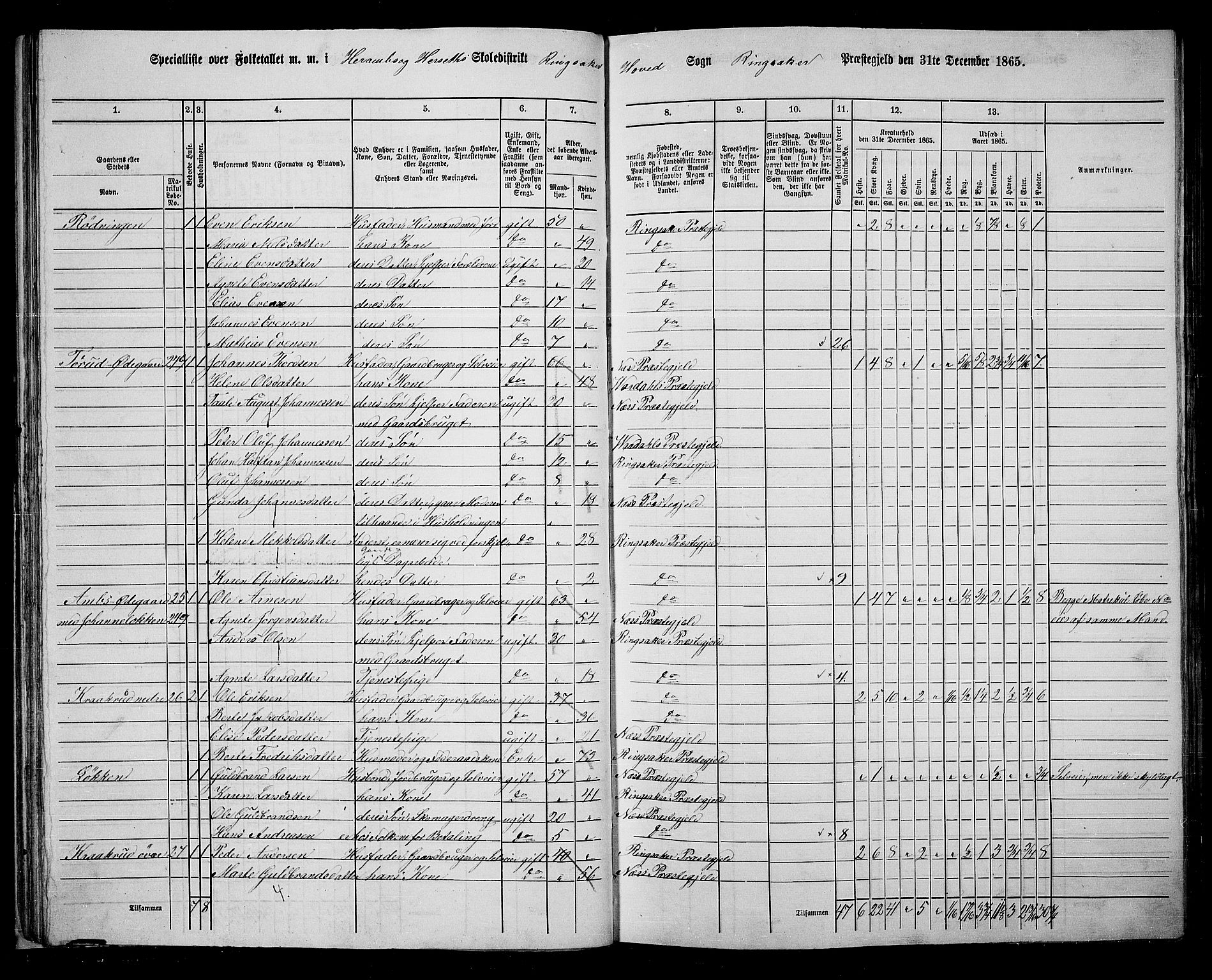 RA, 1865 census for Ringsaker, 1865, p. 55