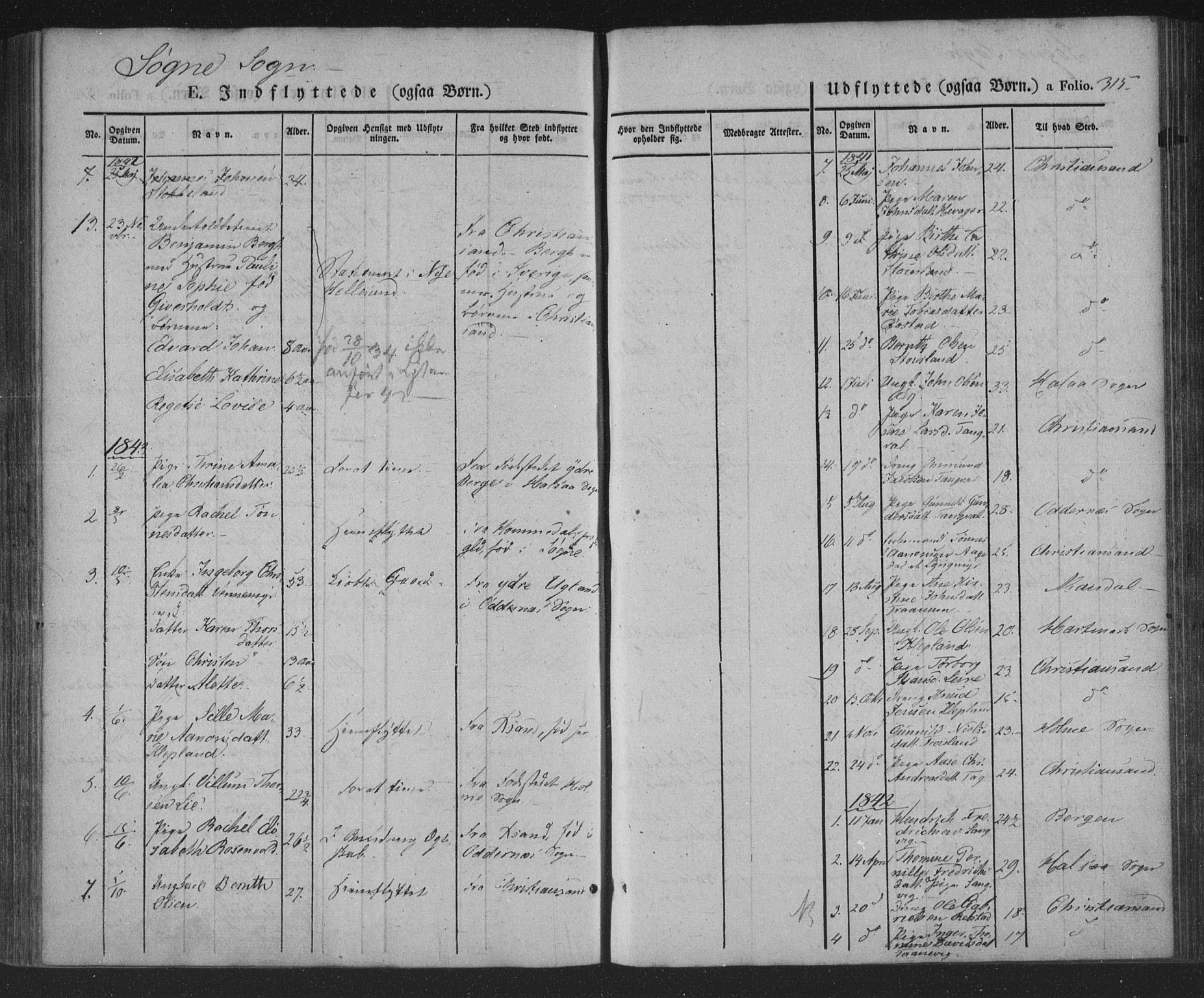 Søgne sokneprestkontor, AV/SAK-1111-0037/F/Fa/Fab/L0009: Parish register (official) no. A 9, 1838-1853, p. 315