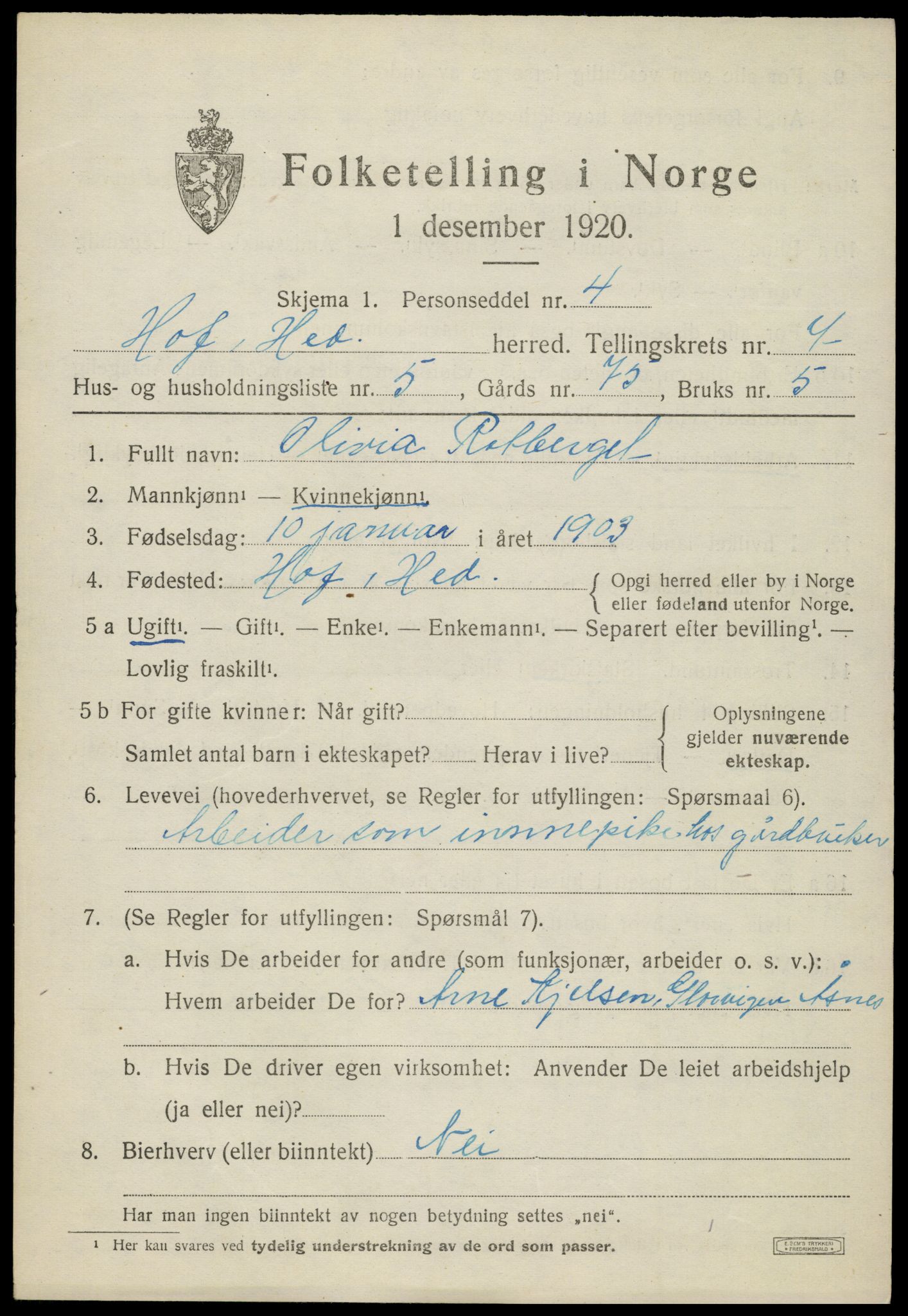 SAH, 1920 census for Hof, 1920, p. 7953
