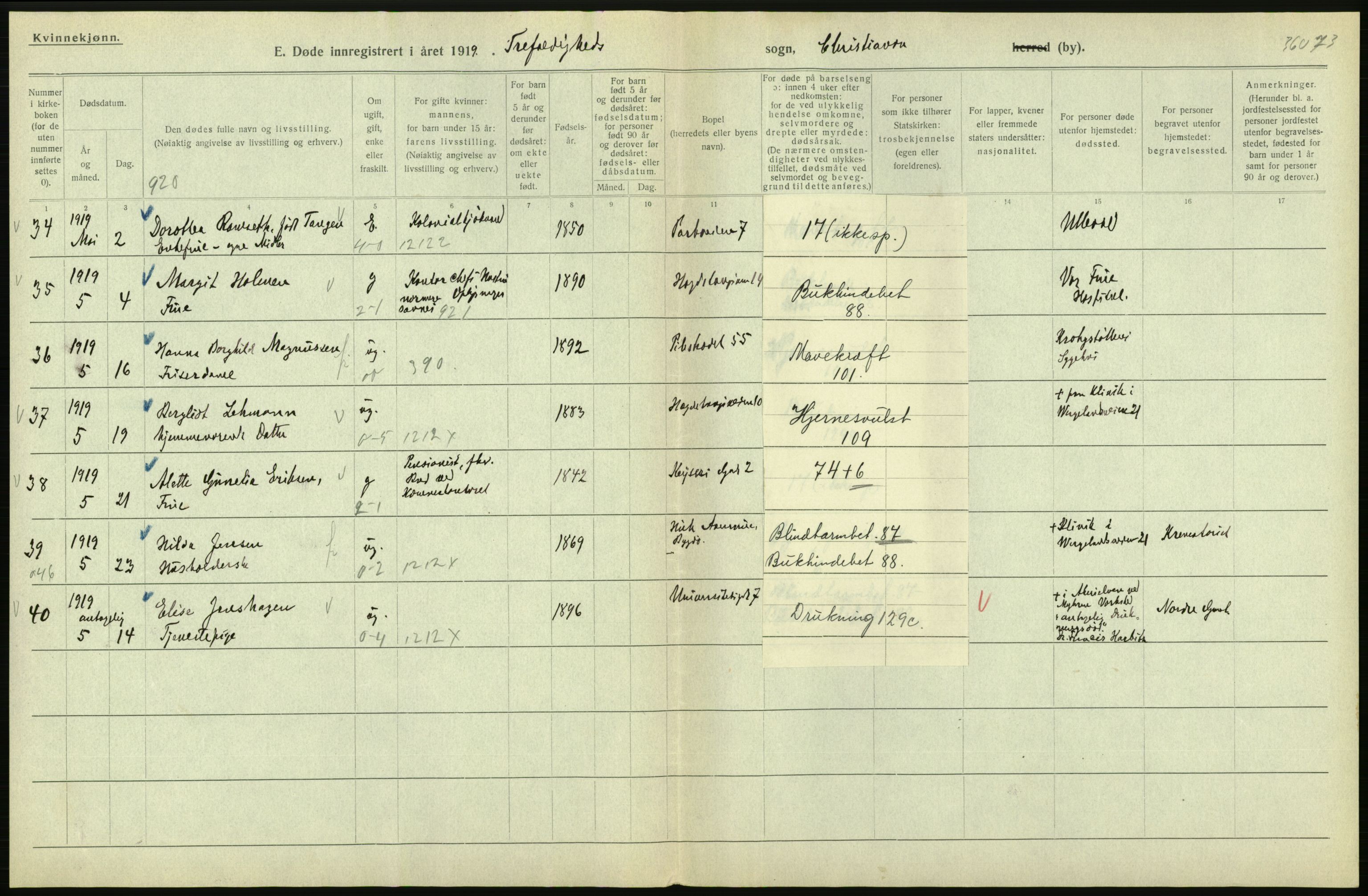 Statistisk sentralbyrå, Sosiodemografiske emner, Befolkning, AV/RA-S-2228/D/Df/Dfb/Dfbi/L0011: Kristiania: Døde, dødfødte, 1919