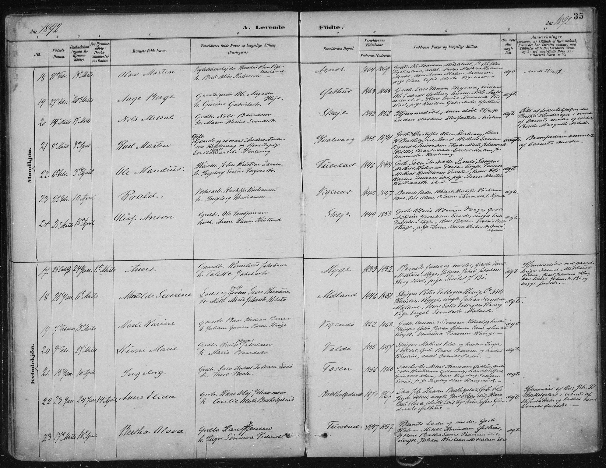 Avaldsnes sokneprestkontor, AV/SAST-A -101851/H/Ha/Haa/L0017: Parish register (official) no. A 17, 1889-1920, p. 35