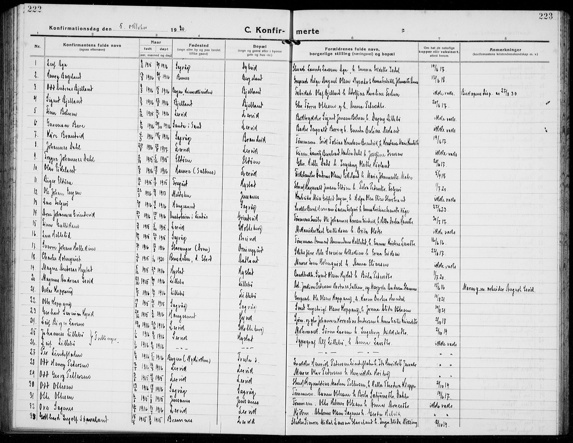 Stord sokneprestembete, AV/SAB-A-78201/H/Hab: Parish register (copy) no. A 4, 1919-1933, p. 222-223