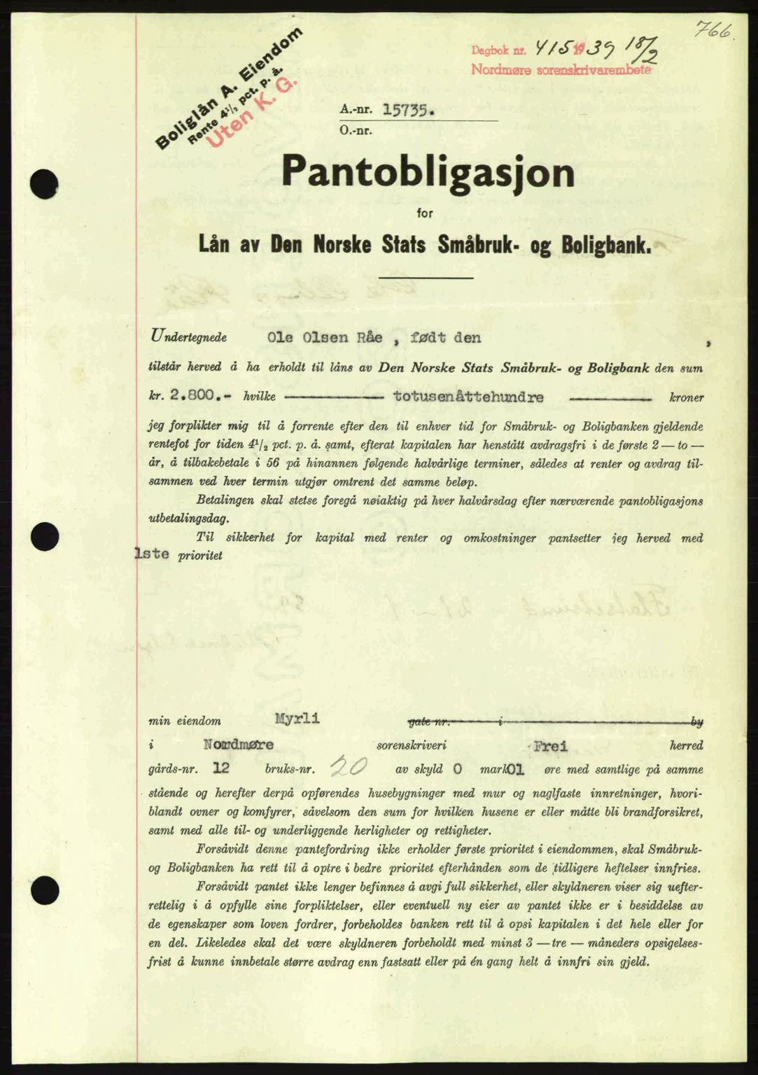 Nordmøre sorenskriveri, SAT/A-4132/1/2/2Ca: Mortgage book no. B84, 1938-1939, Diary no: : 415/1939