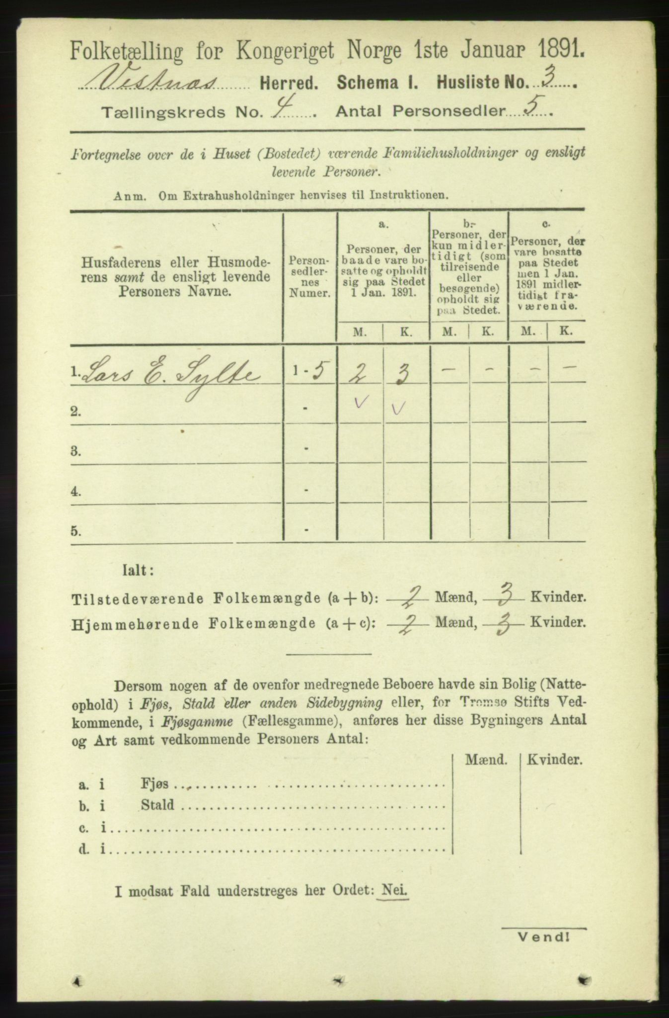 RA, 1891 census for 1535 Vestnes, 1891, p. 1218