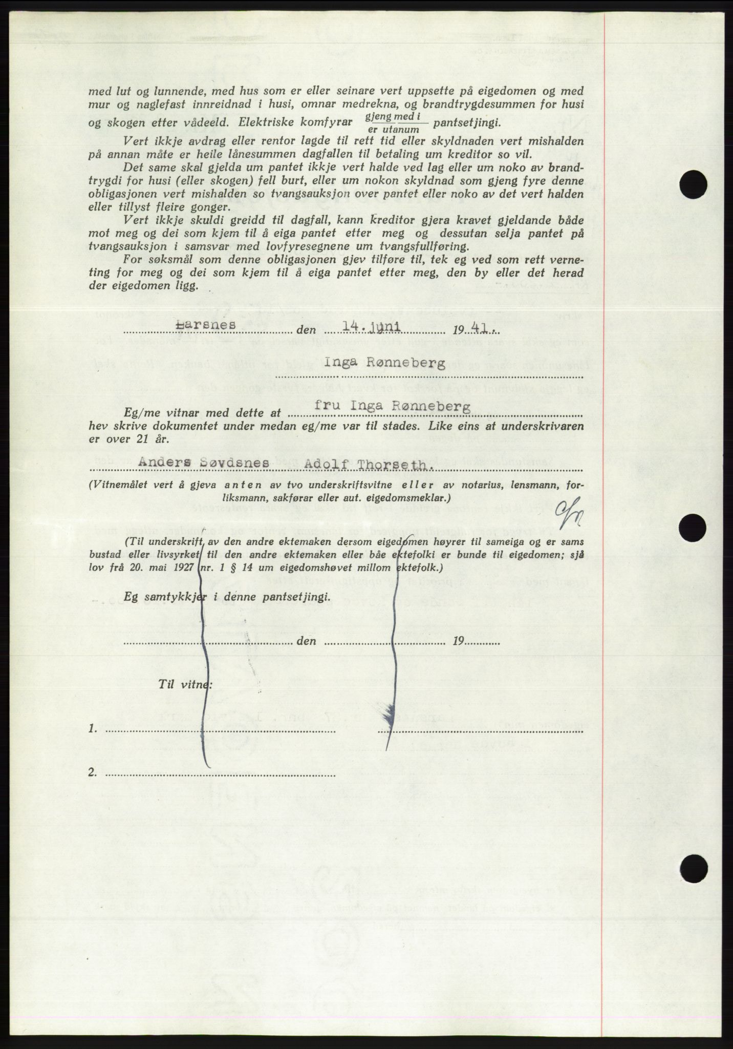 Søre Sunnmøre sorenskriveri, AV/SAT-A-4122/1/2/2C/L0071: Mortgage book no. 65, 1941-1941, Diary no: : 610/1941