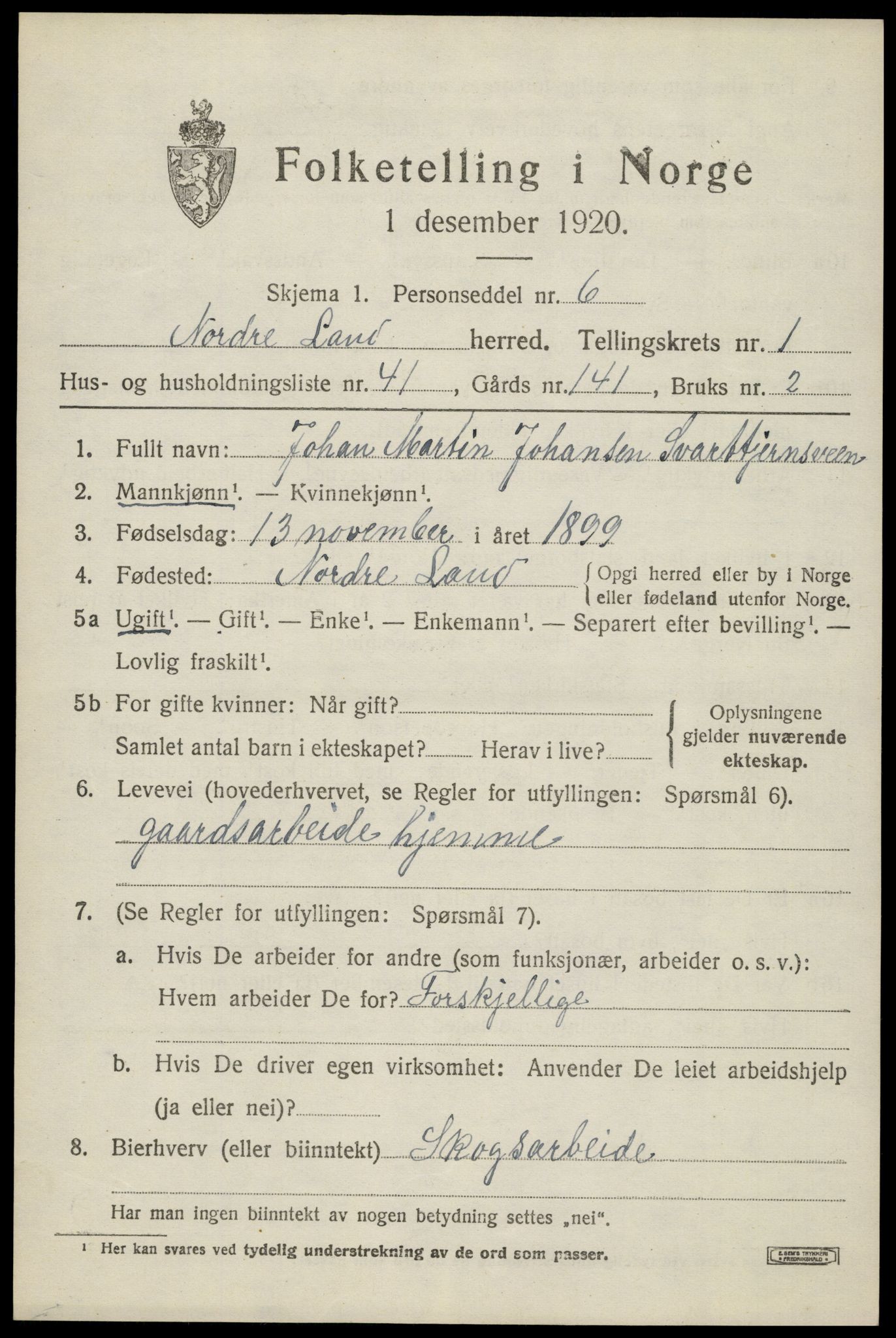SAH, 1920 census for Nordre Land, 1920, p. 1568