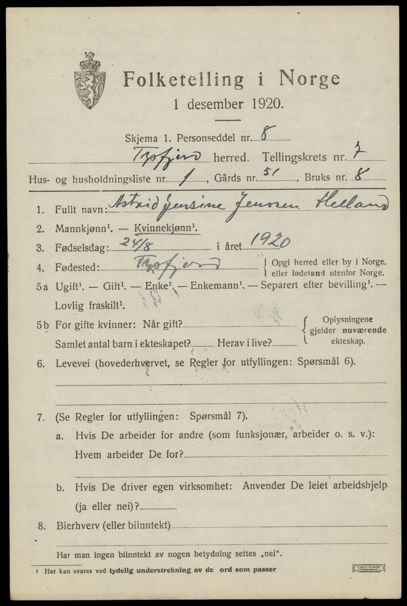 SAT, 1920 census for Tysfjord, 1920, p. 5159