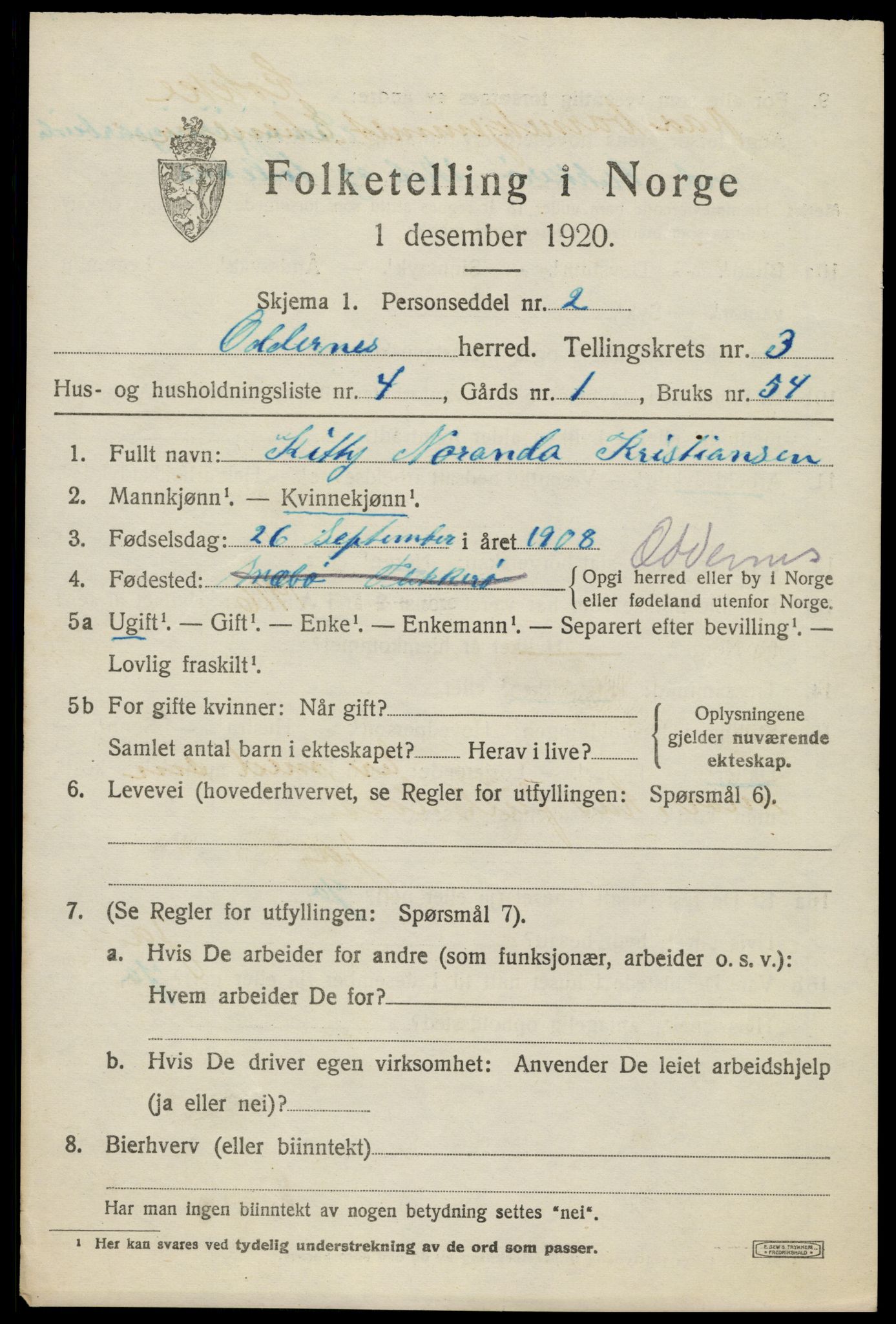 SAK, 1920 census for Oddernes, 1920, p. 3385