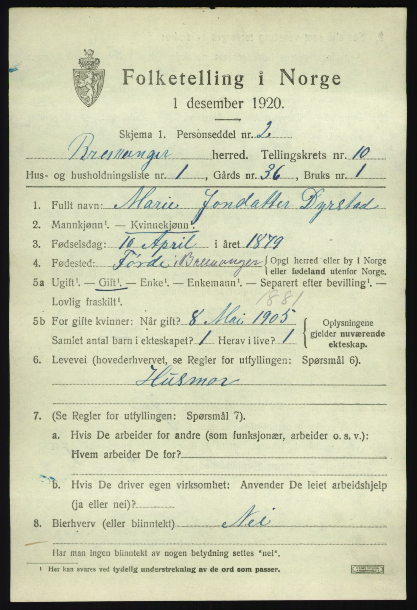 SAB, 1920 census for Bremanger, 1920, p. 5420