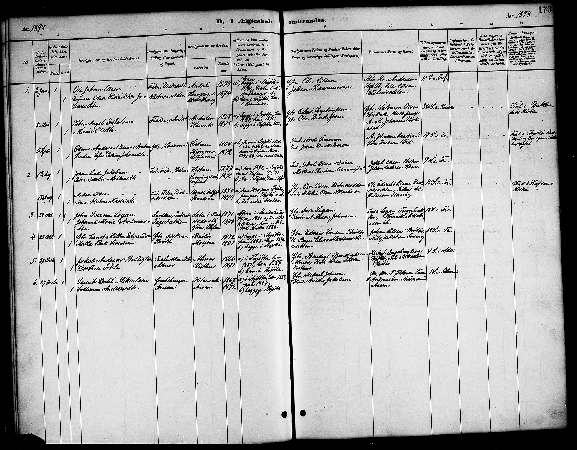 Ministerialprotokoller, klokkerbøker og fødselsregistre - Nordland, AV/SAT-A-1459/819/L0277: Parish register (copy) no. 819C03, 1888-1917, p. 173