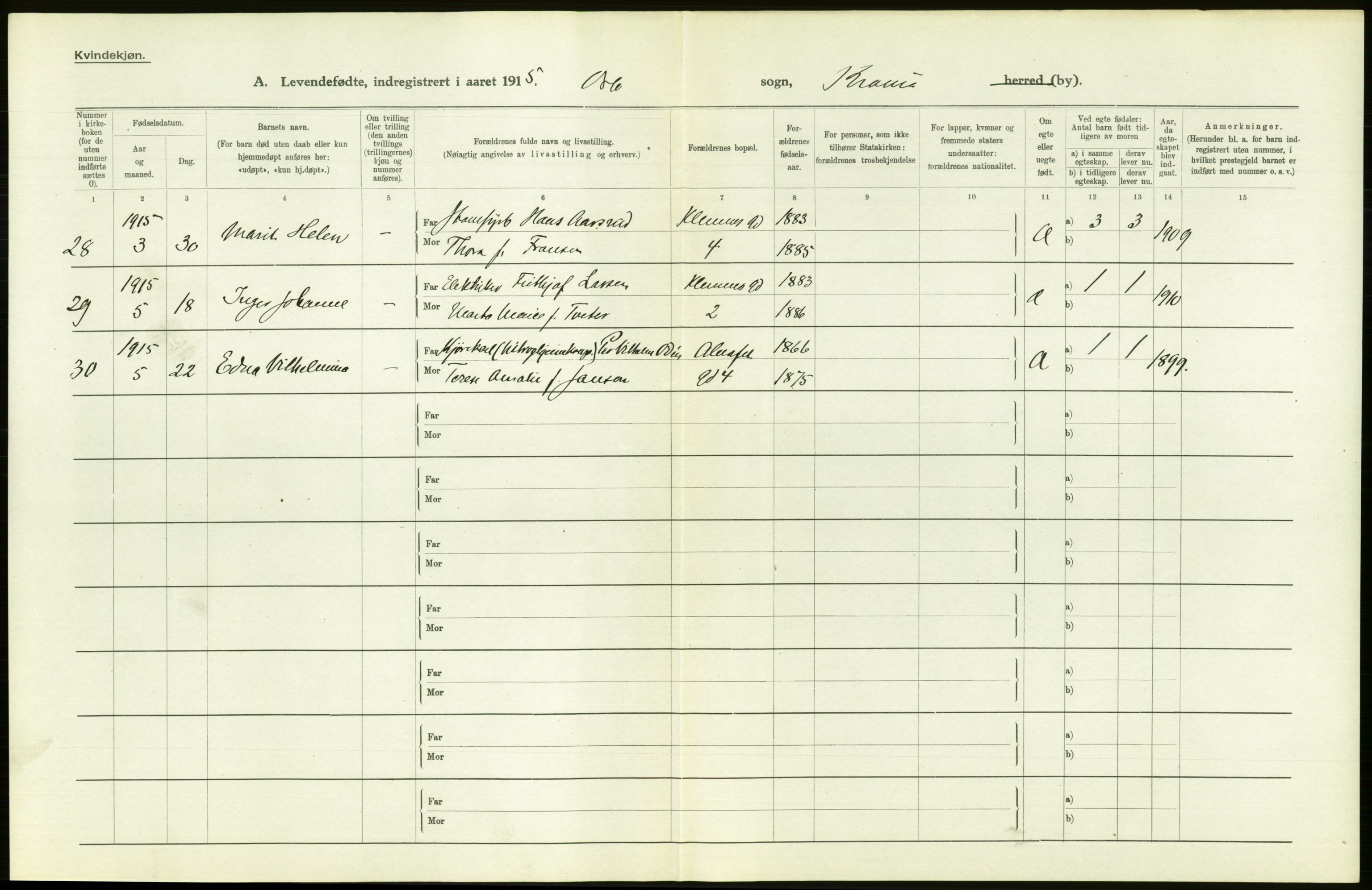 Statistisk sentralbyrå, Sosiodemografiske emner, Befolkning, AV/RA-S-2228/D/Df/Dfb/Dfbe/L0006: Kristiania: Levendefødte menn og kvinner., 1915, p. 136