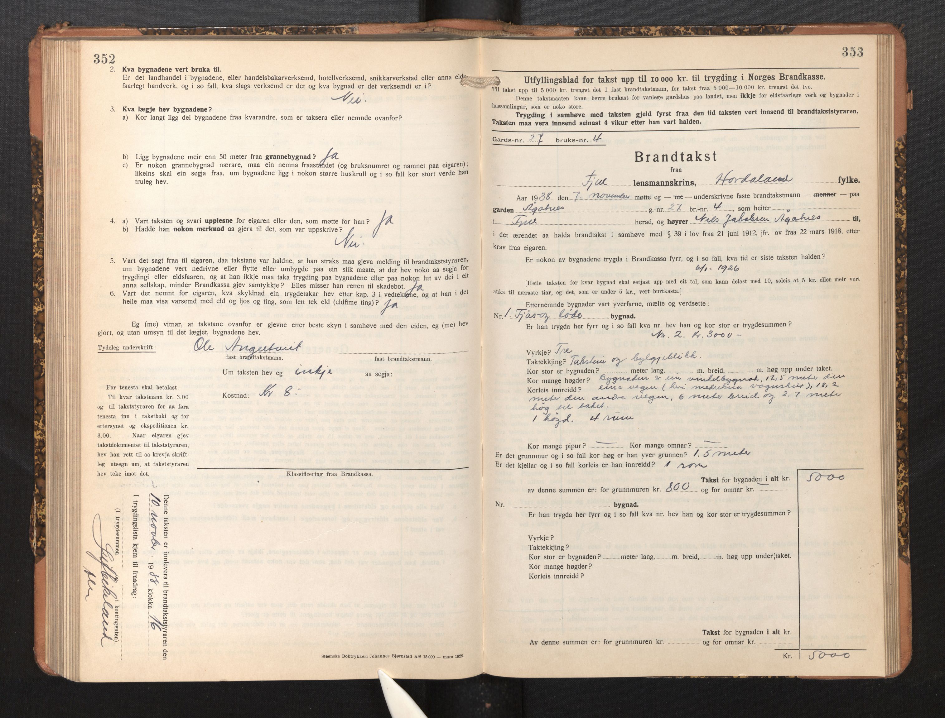 Lensmannen i Fjell, SAB/A-32301/0012/L0006: Branntakstprotokoll, skjematakst, 1931-1945, p. 352-353