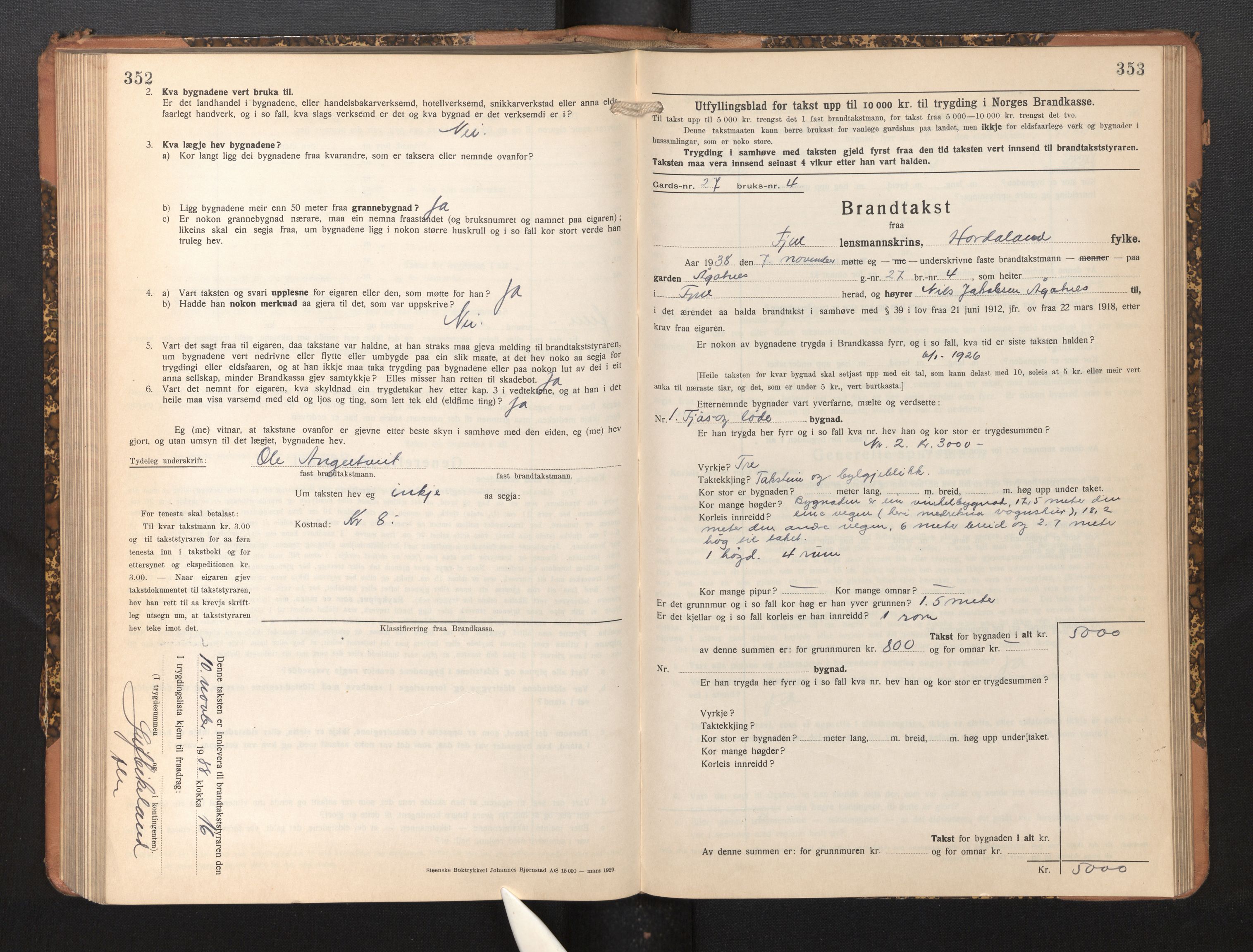 Lensmannen i Fjell, AV/SAB-A-32301/0012/L0006: Branntakstprotokoll, skjematakst, 1931-1945, p. 352-353
