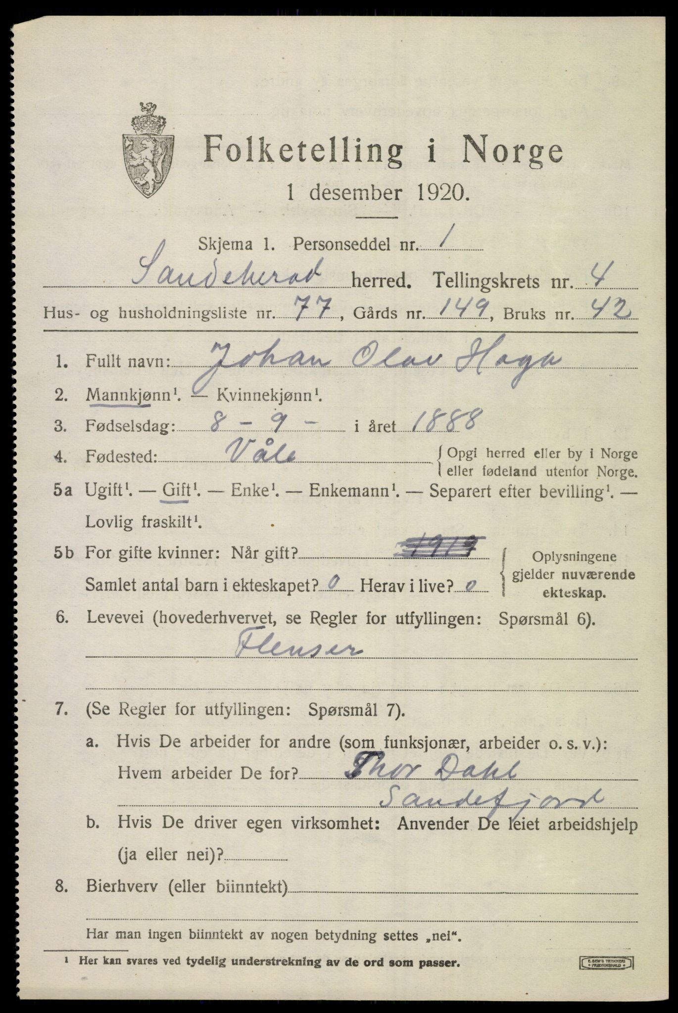 SAKO, 1920 census for Sandeherred, 1920, p. 7476