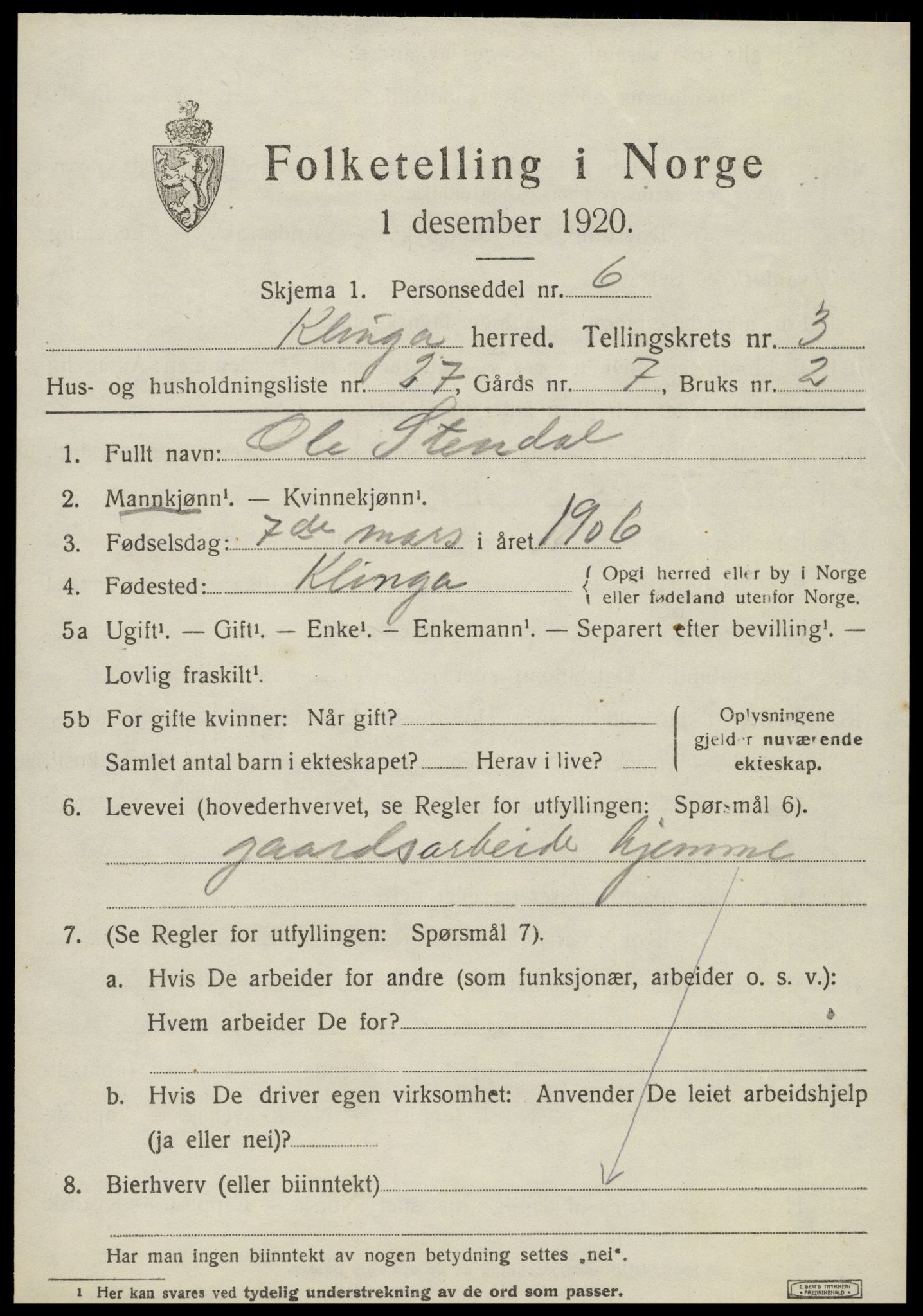 SAT, 1920 census for Klinga, 1920, p. 2397