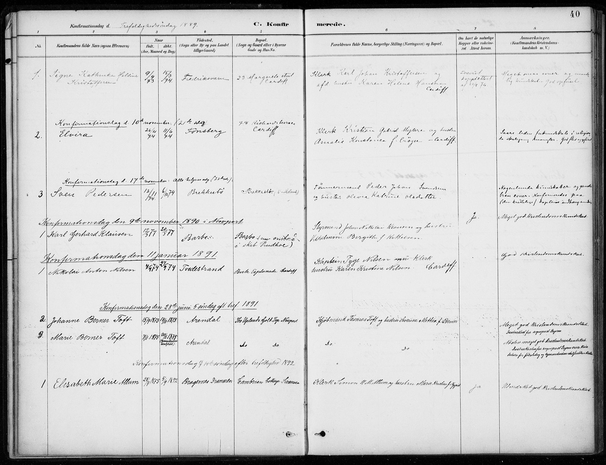 Den norske sjømannsmisjon i utlandet/Bristolhavnene(Cardiff-Swansea), SAB/SAB/PA-0102/H/Ha/Haa/L0002: Parish register (official) no. A 2, 1887-1932, p. 40