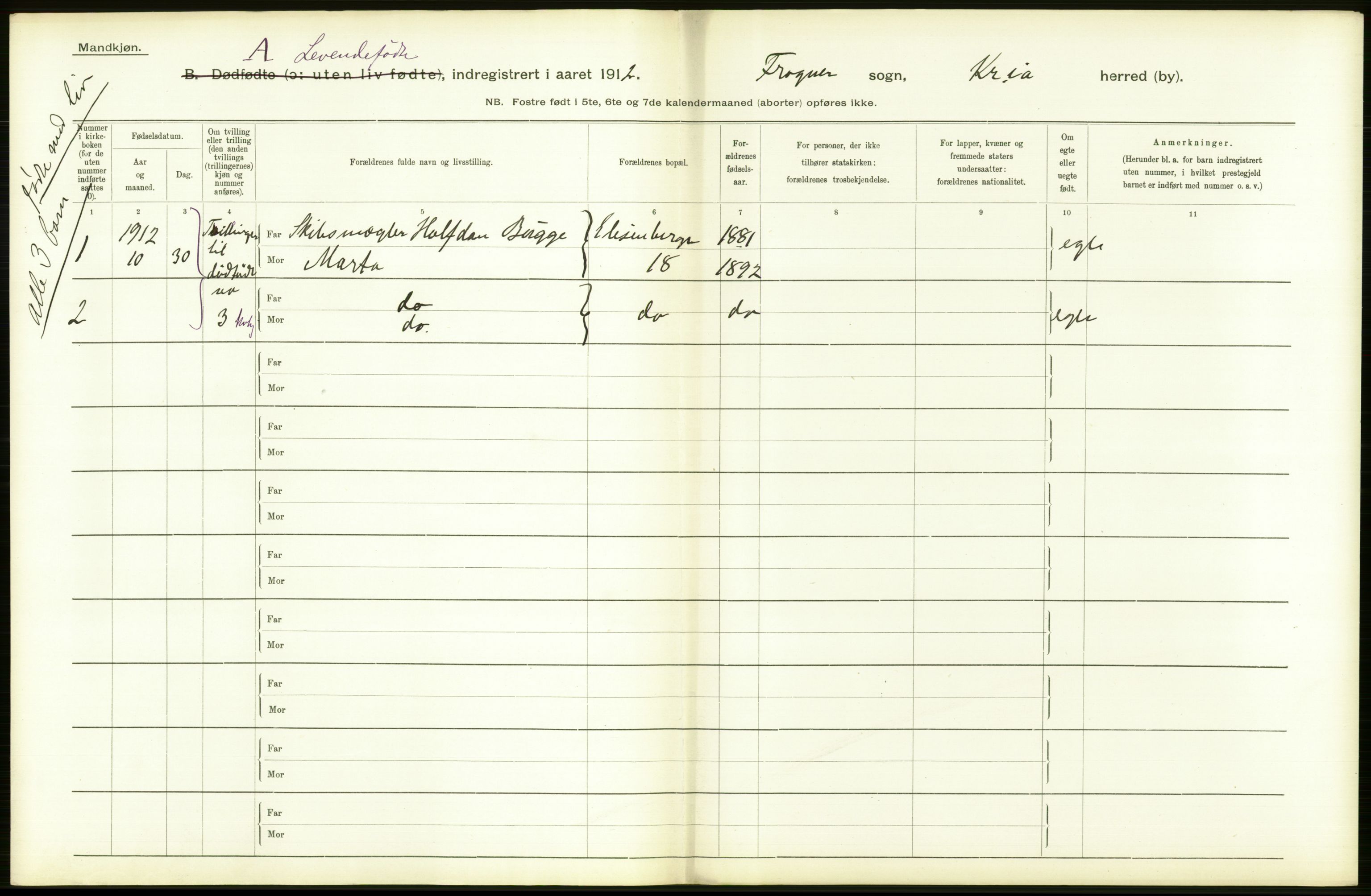 Statistisk sentralbyrå, Sosiodemografiske emner, Befolkning, RA/S-2228/D/Df/Dfb/Dfbb/L0007: Kristiania:  Levendefødte menn og kvinner., 1912, p. 460