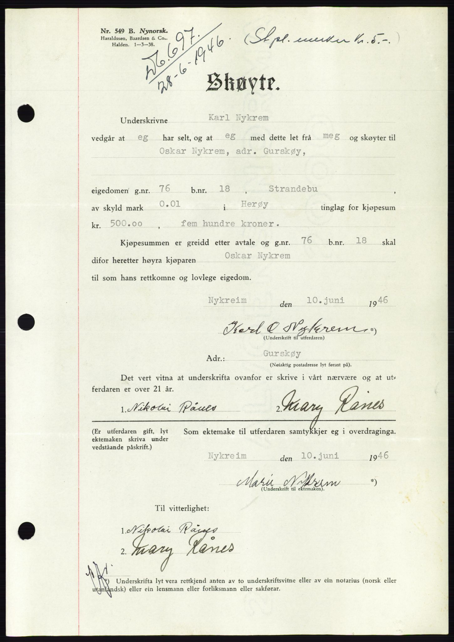 Søre Sunnmøre sorenskriveri, AV/SAT-A-4122/1/2/2C/L0078: Mortgage book no. 4A, 1946-1946, Diary no: : 697/1946