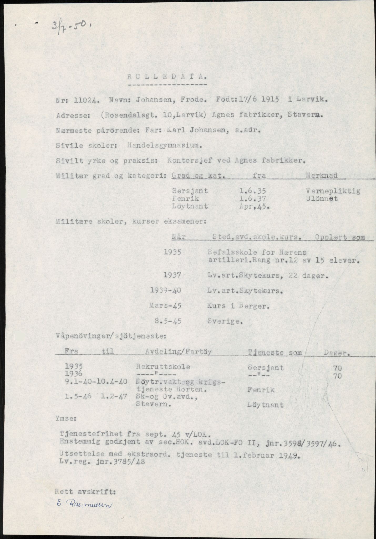 Forsvaret, Forsvarets overkommando/Luftforsvarsstaben, RA/RAFA-4079/P/Pa/L0041: Personellpapirer, 1915, p. 122