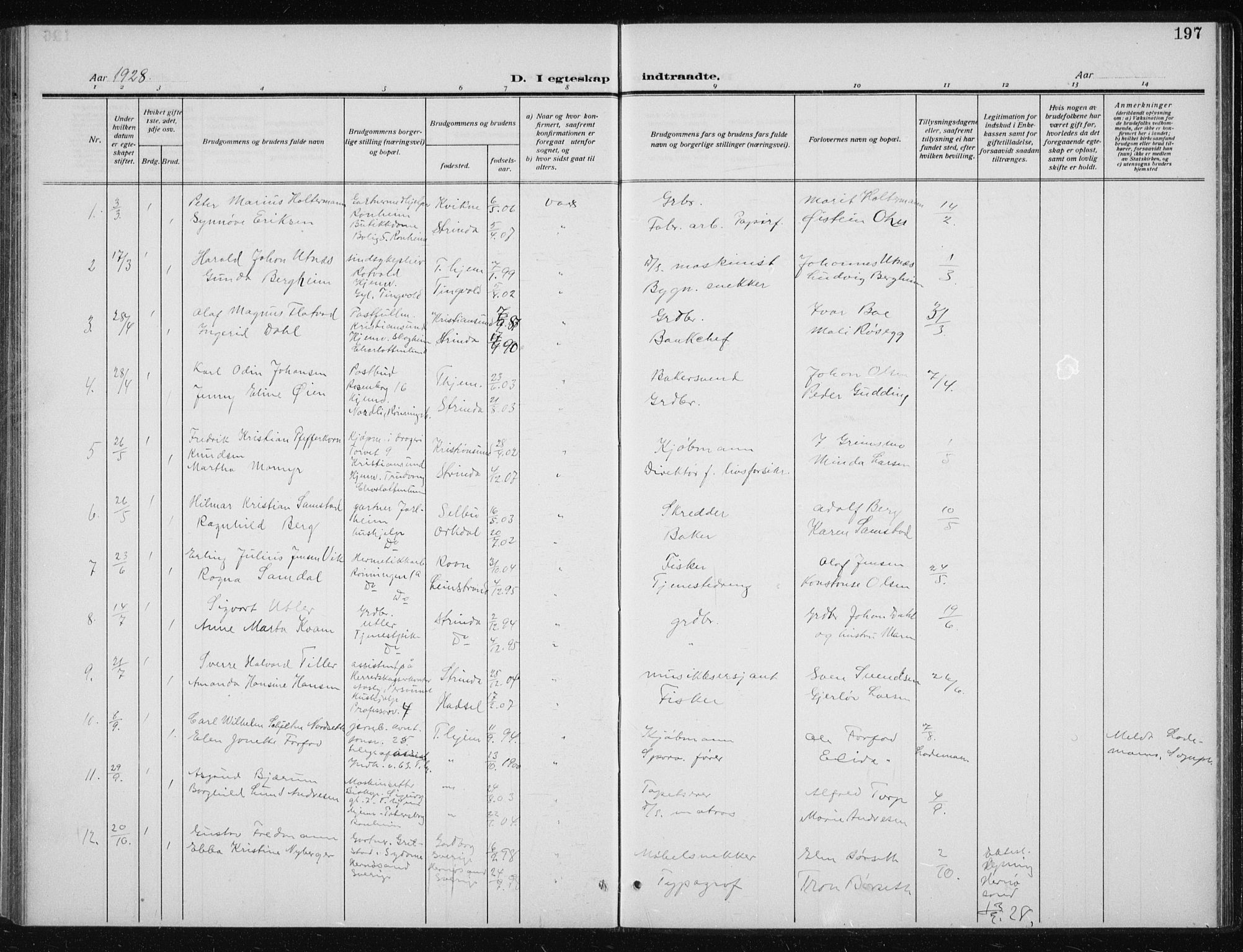 Ministerialprotokoller, klokkerbøker og fødselsregistre - Sør-Trøndelag, SAT/A-1456/606/L0314: Parish register (copy) no. 606C10, 1911-1937, p. 197