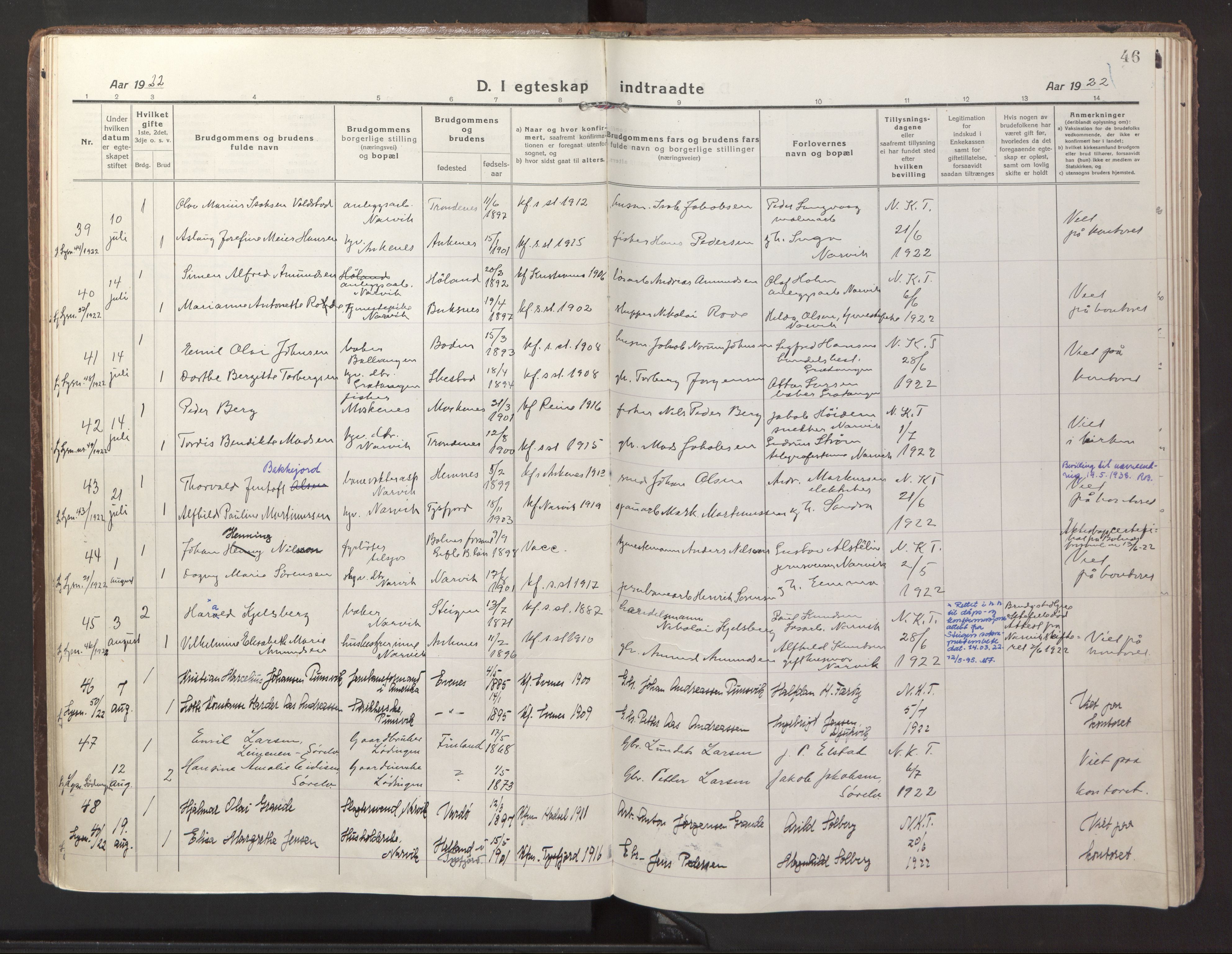 Ministerialprotokoller, klokkerbøker og fødselsregistre - Nordland, SAT/A-1459/871/L1002: Parish register (official) no. 871A18, 1917-1926, p. 46