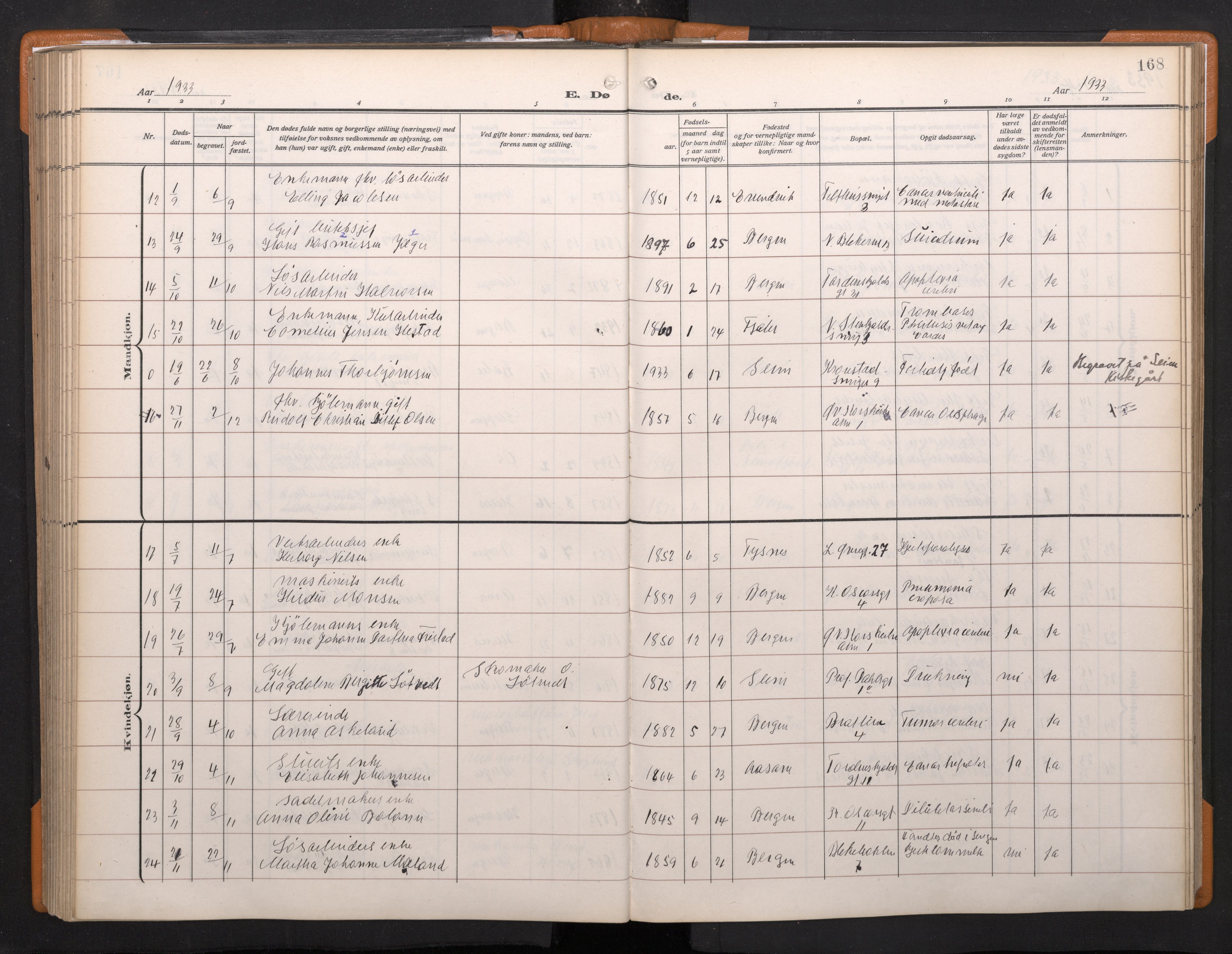 Korskirken sokneprestembete, AV/SAB-A-76101/H/Haa/L0048: Parish register (official) no. E 6, 1910-1960, p. 167b-168a