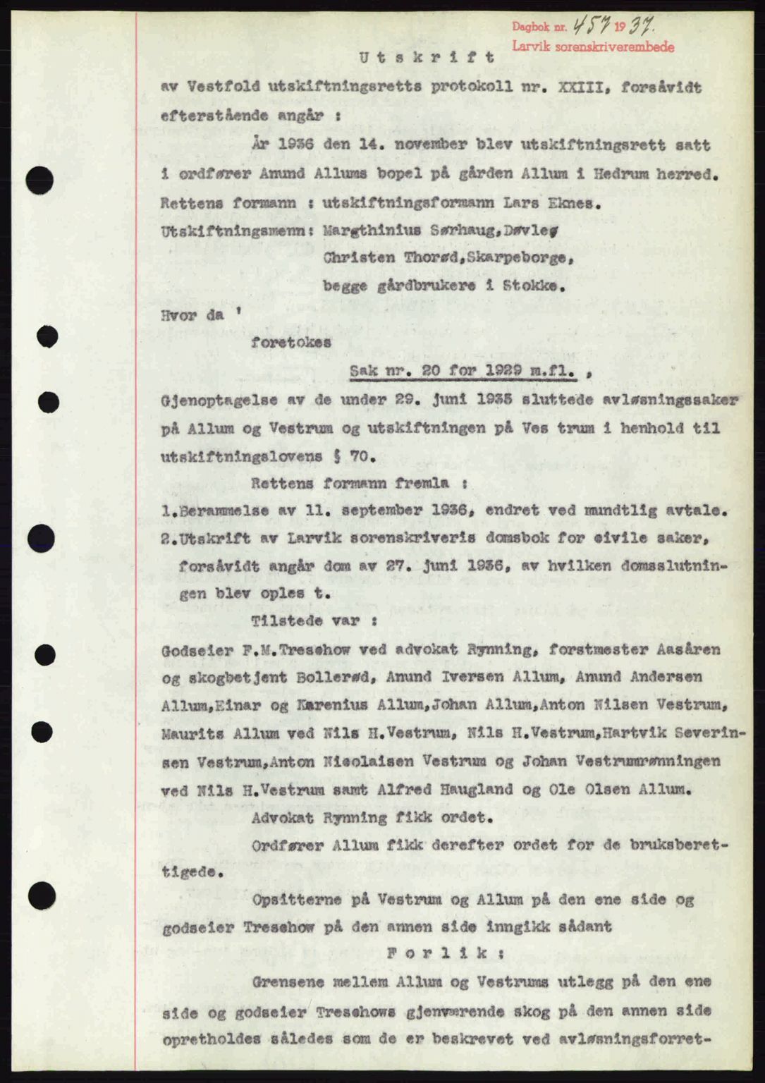 Larvik sorenskriveri, SAKO/A-83/G/Ga/Gab/L0067: Mortgage book no. A-1, 1936-1937, Diary no: : 457/1937