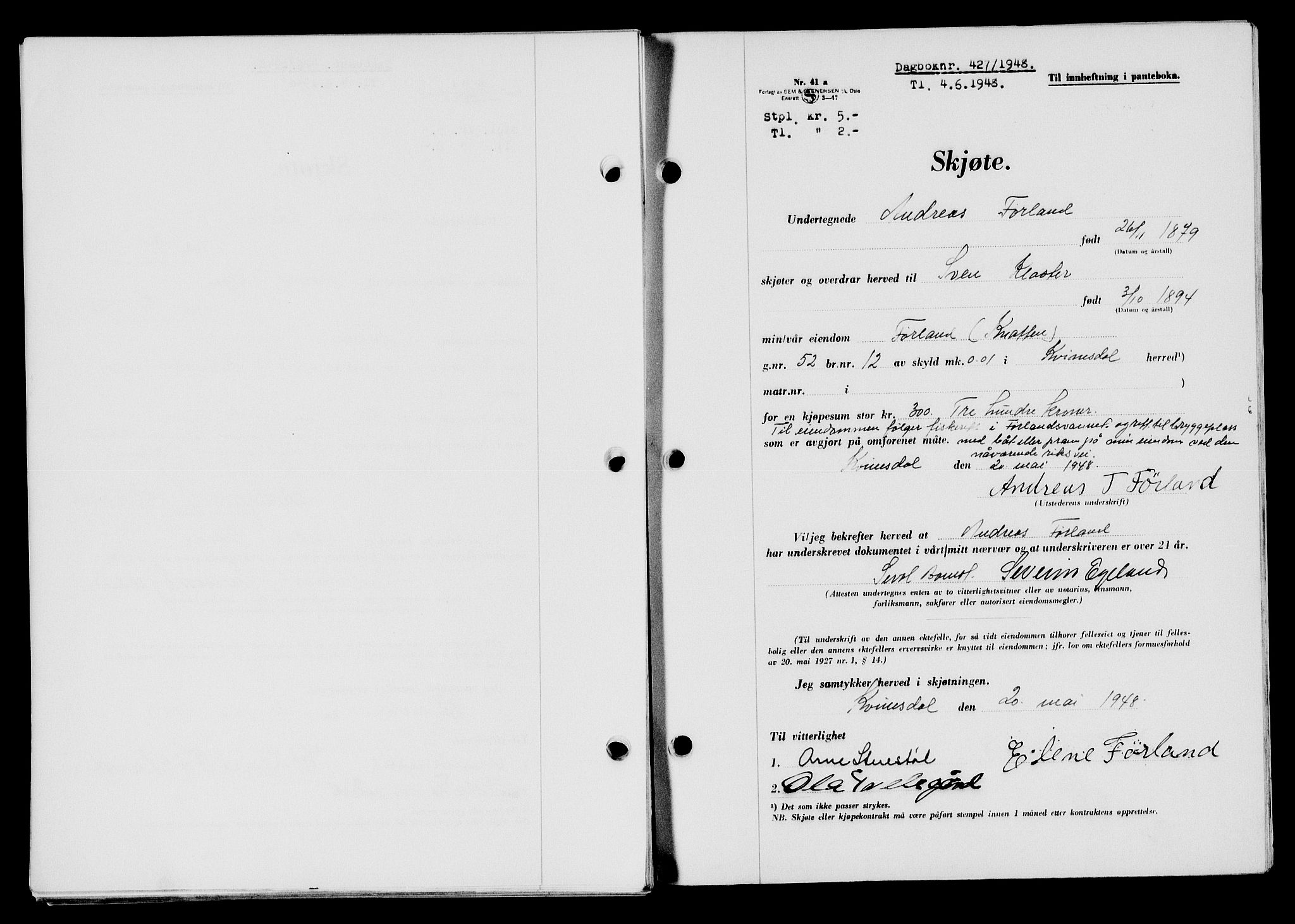 Flekkefjord sorenskriveri, SAK/1221-0001/G/Gb/Gba/L0063: Mortgage book no. A-11, 1947-1948, Diary no: : 427/1948